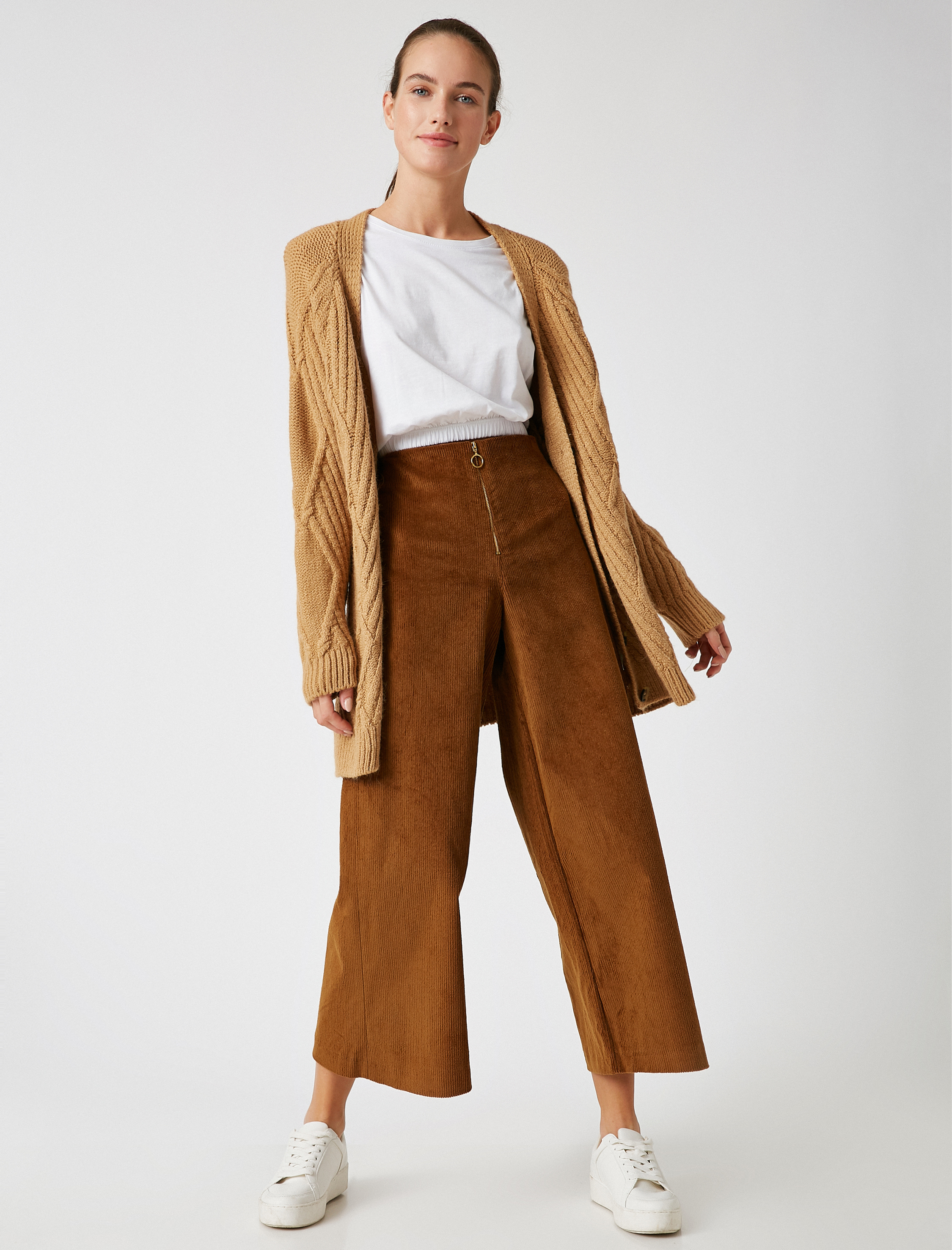   Fermuarlı Fitilli Kadife Geniş Paça Pantolon