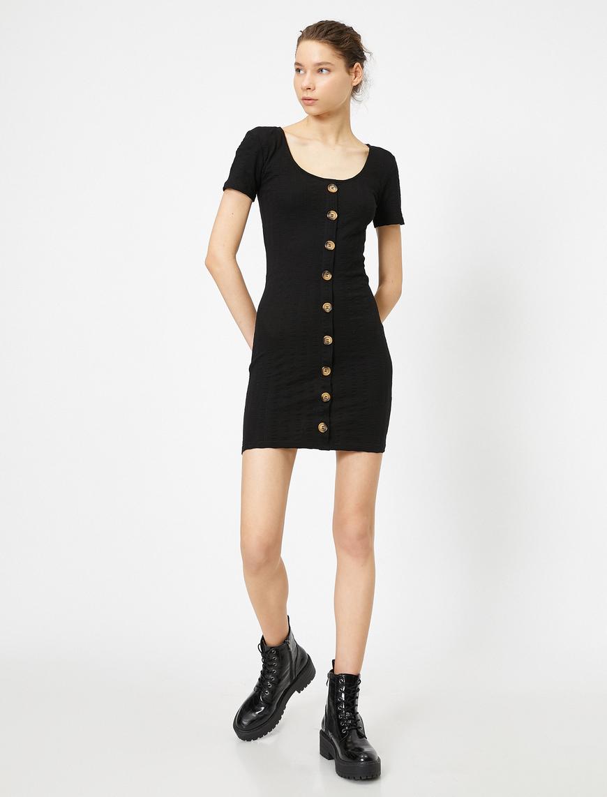   Önü Düğmeli Kısa Kollu Slim Mini Elbise