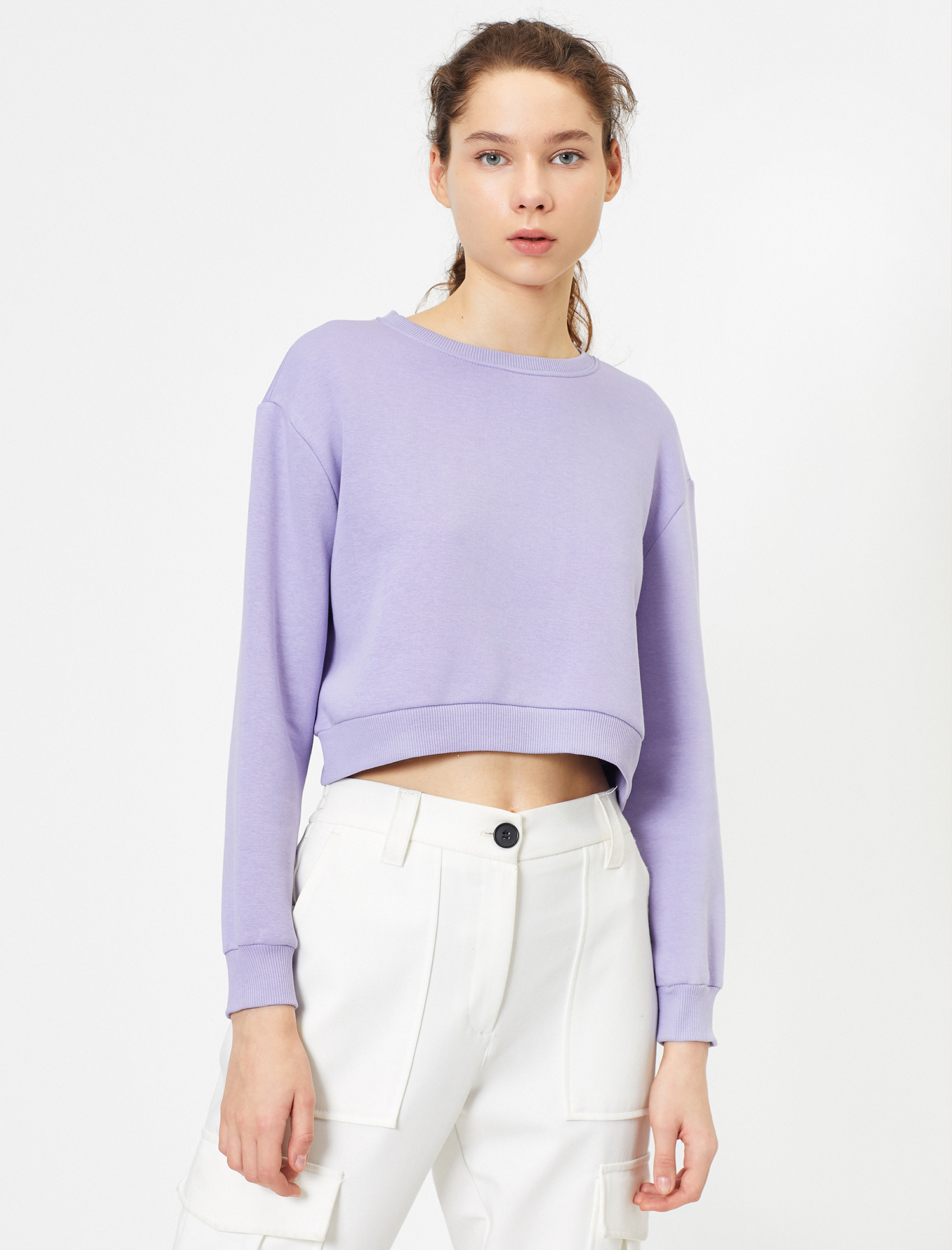   Bisiklet Yaka Düz Crop Sweatshirt