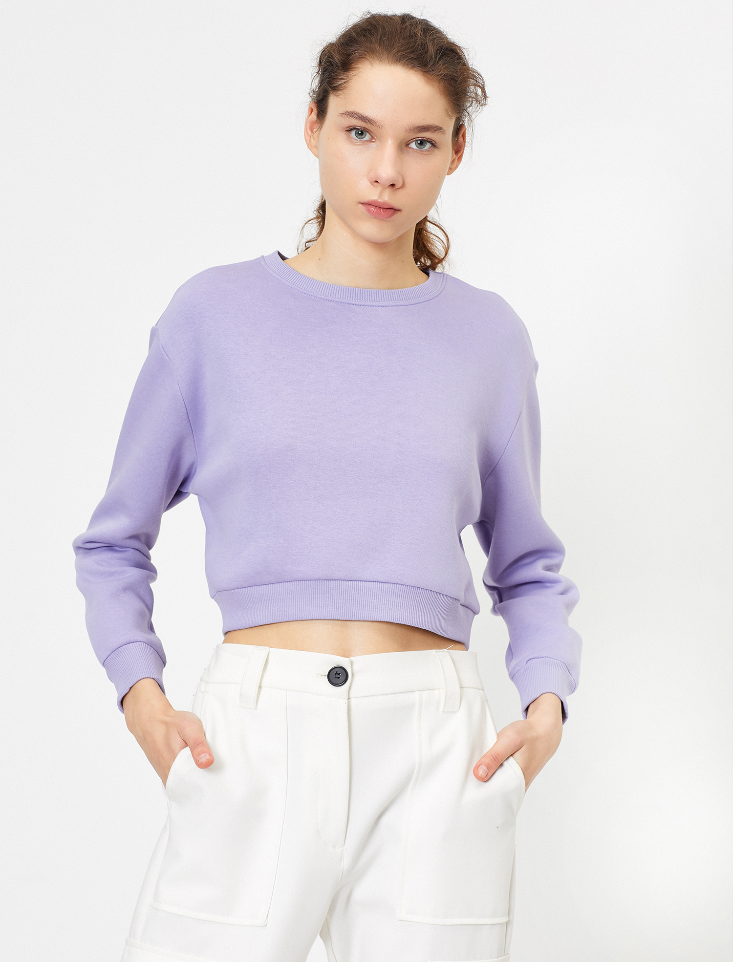   Bisiklet Yaka Düz Crop Sweatshirt