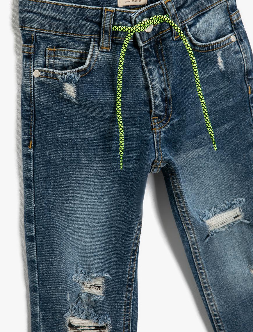  Erkek Çocuk Kot Pantolon Beli Bağlamalı Yıpratılmış Cepli Pamuklu - Skinny Jean