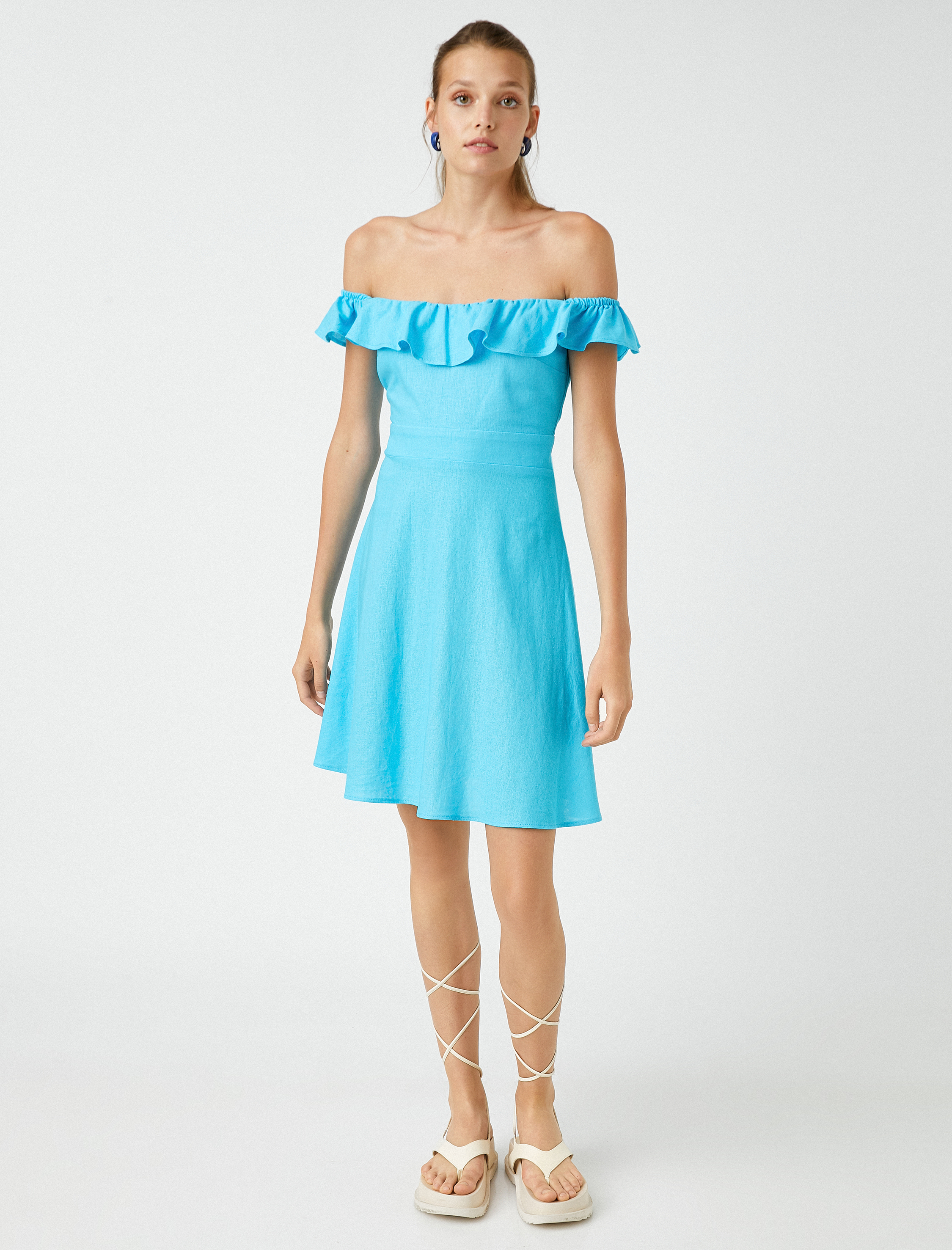   Mini Elbise Kuşak Detaylı Keten Karışımlı