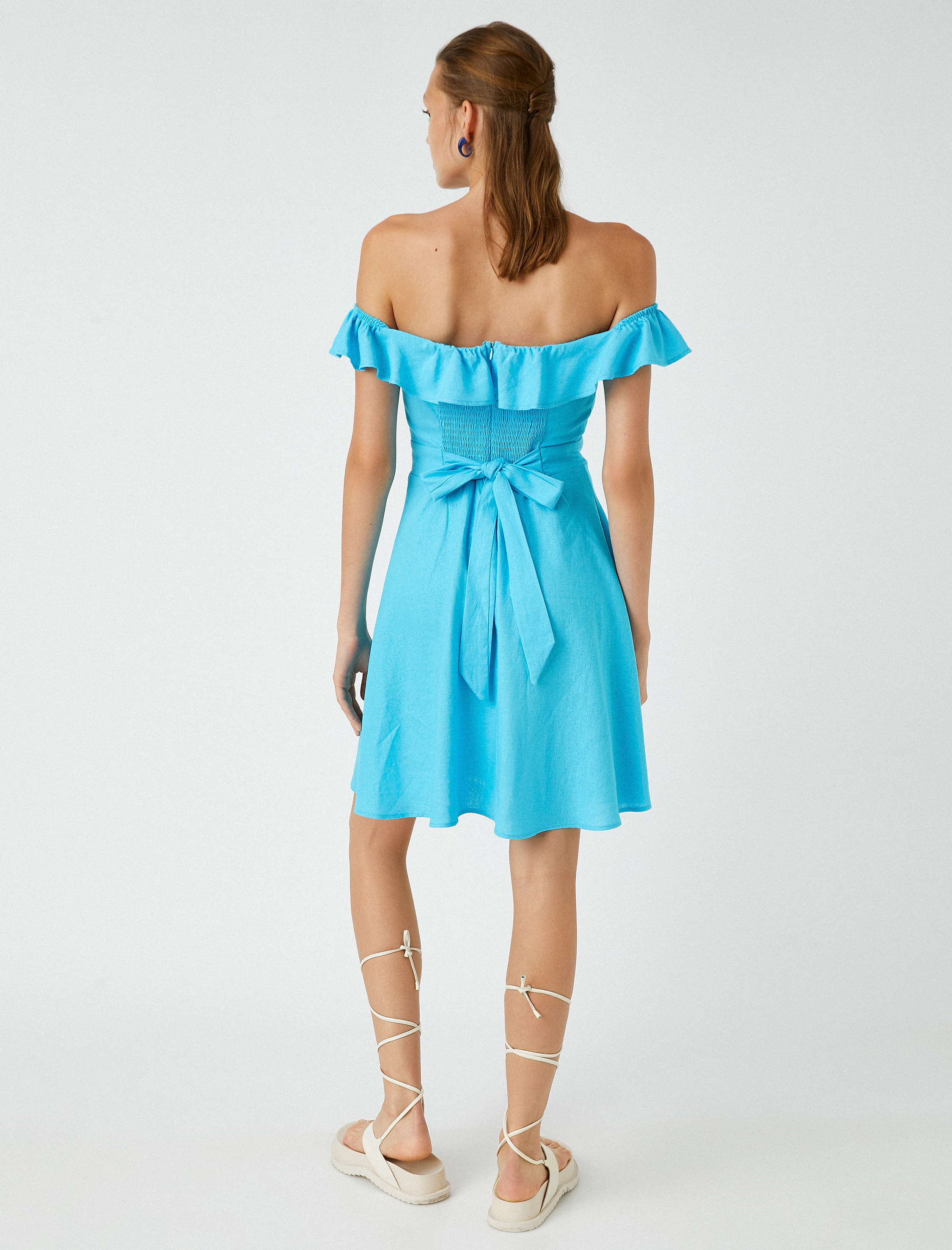   Mini Elbise Kuşak Detaylı Keten Karışımlı