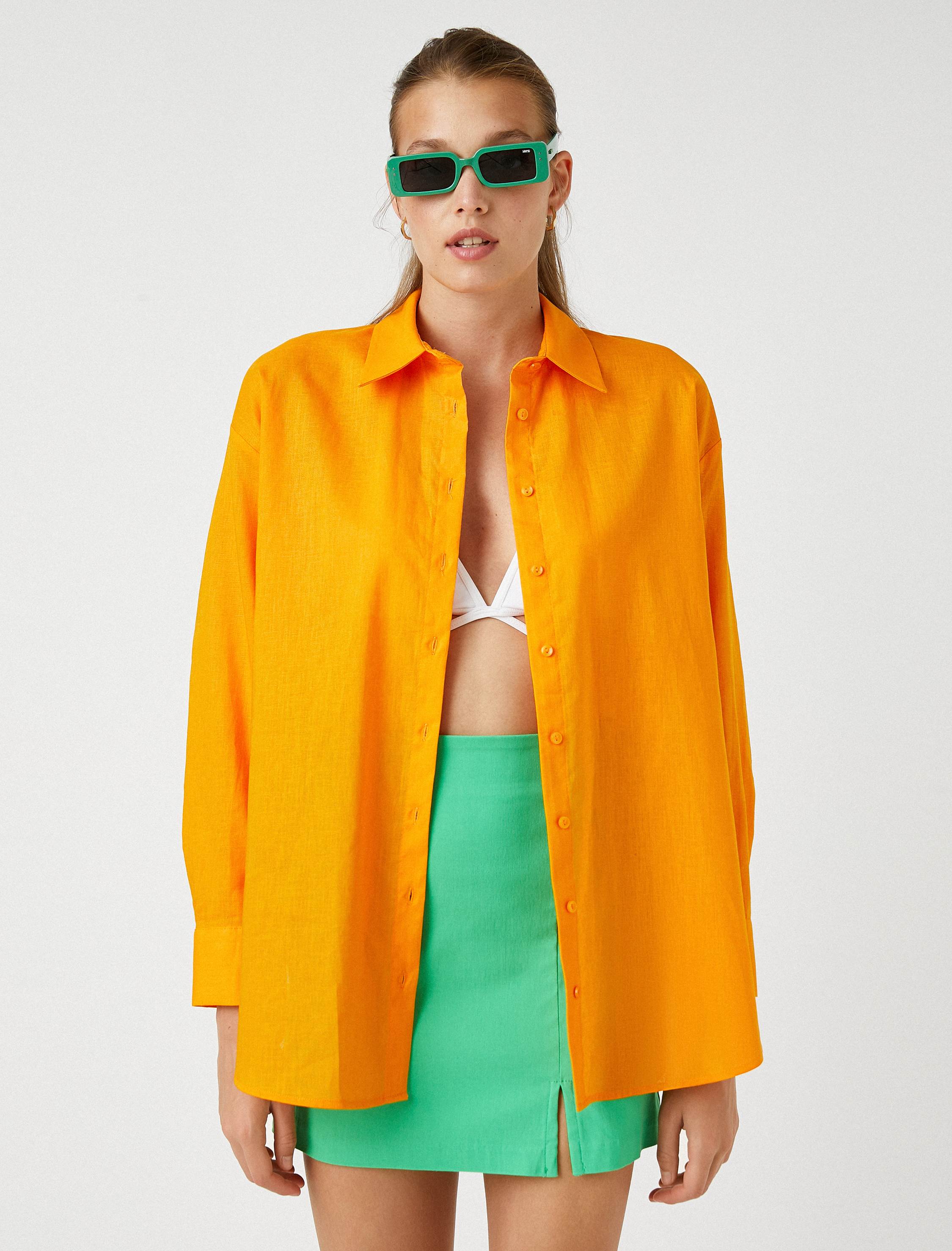   Oversize Gömlek Keten Karışımlı