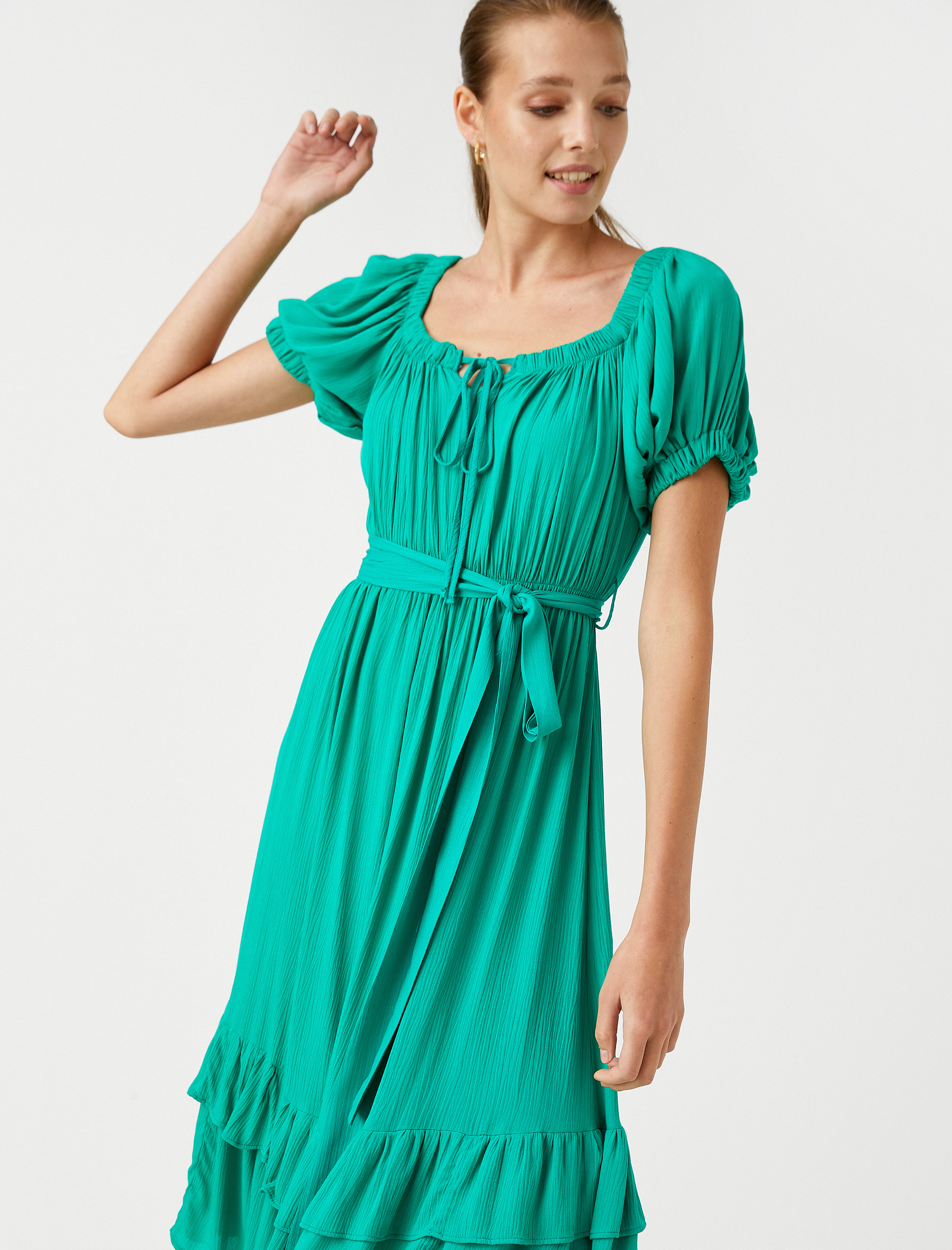   Midi Boy Viskon Elbise Volanlı