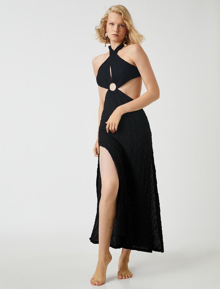  Uzun Plaj Elbisesi Pencere Detaylı Halter Yaka