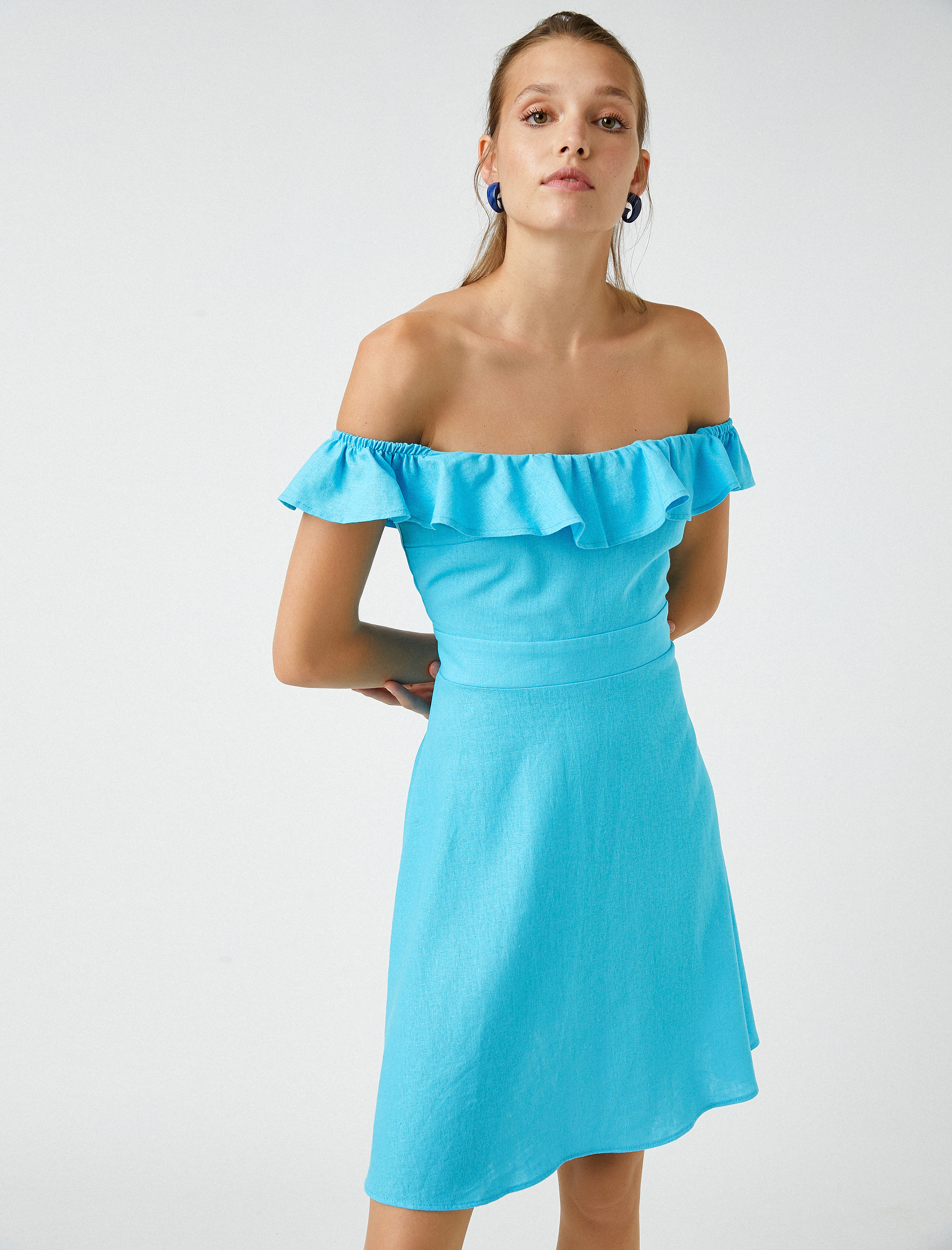   Mini Elbise Kuşak Detaylı Keten Karışımlı