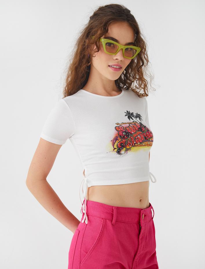  Crop Tişört Baskılı Bisiklet Yaka