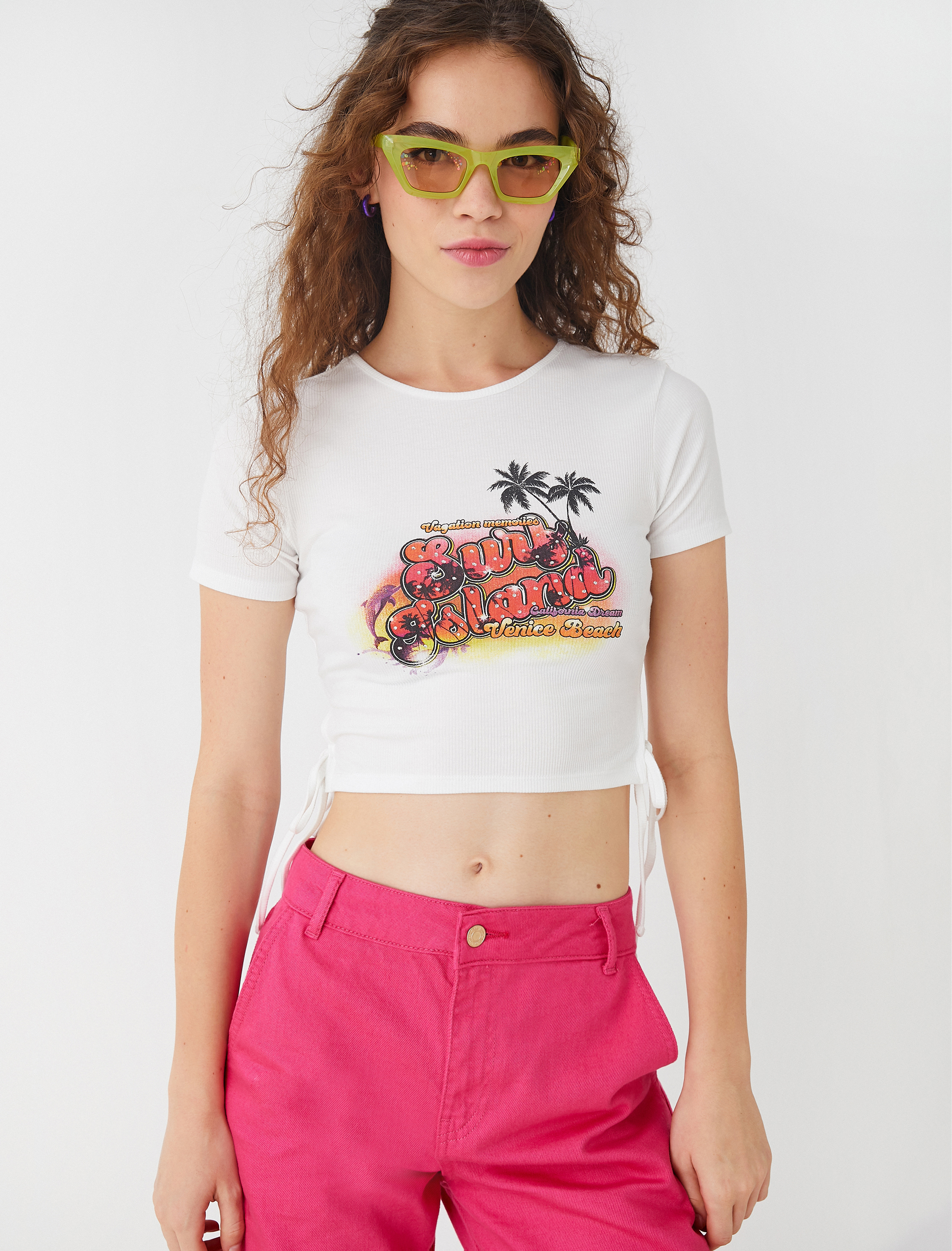   Crop Tişört Baskılı Bisiklet Yaka