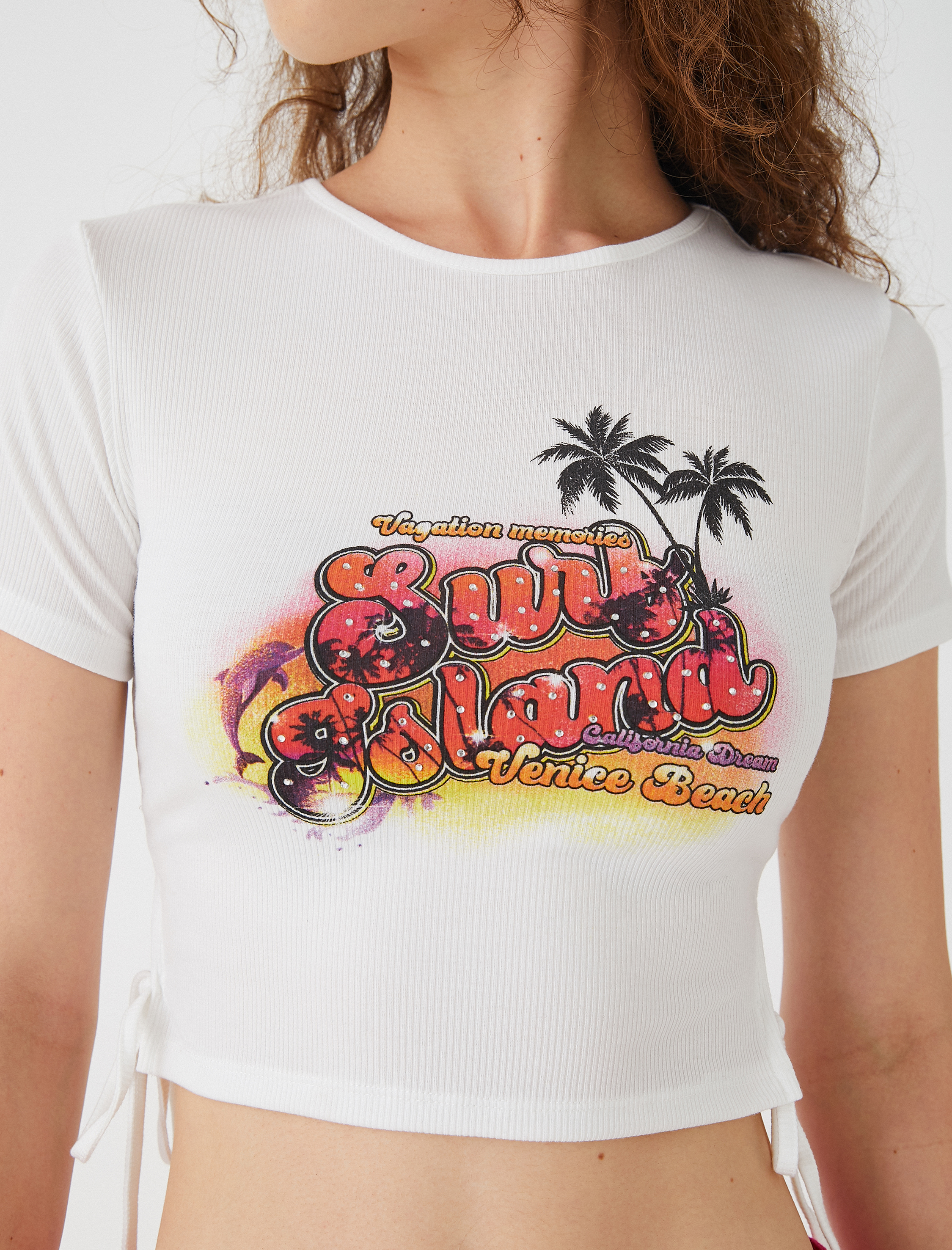   Crop Tişört Baskılı Bisiklet Yaka