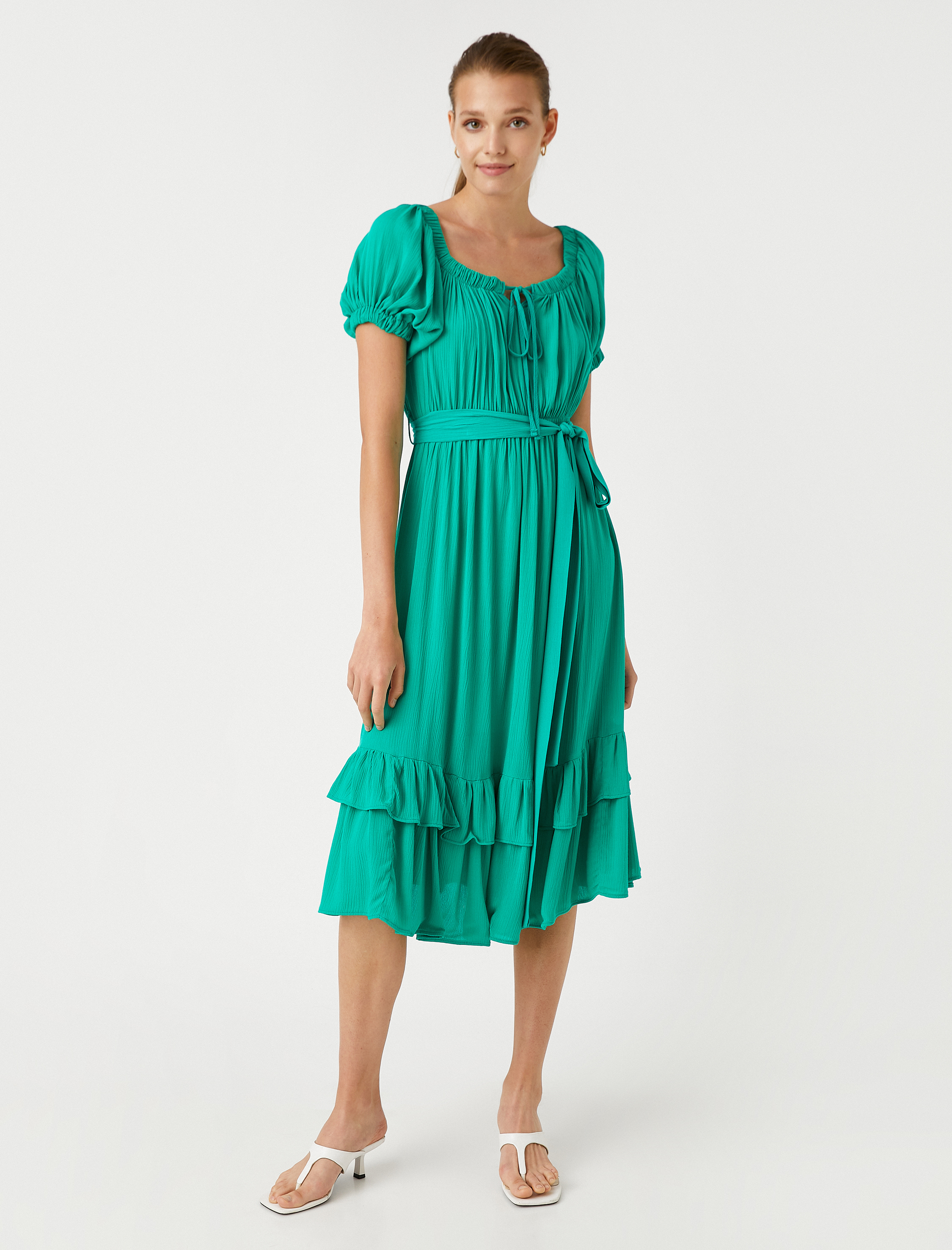   Midi Boy Viskon Elbise Volanlı