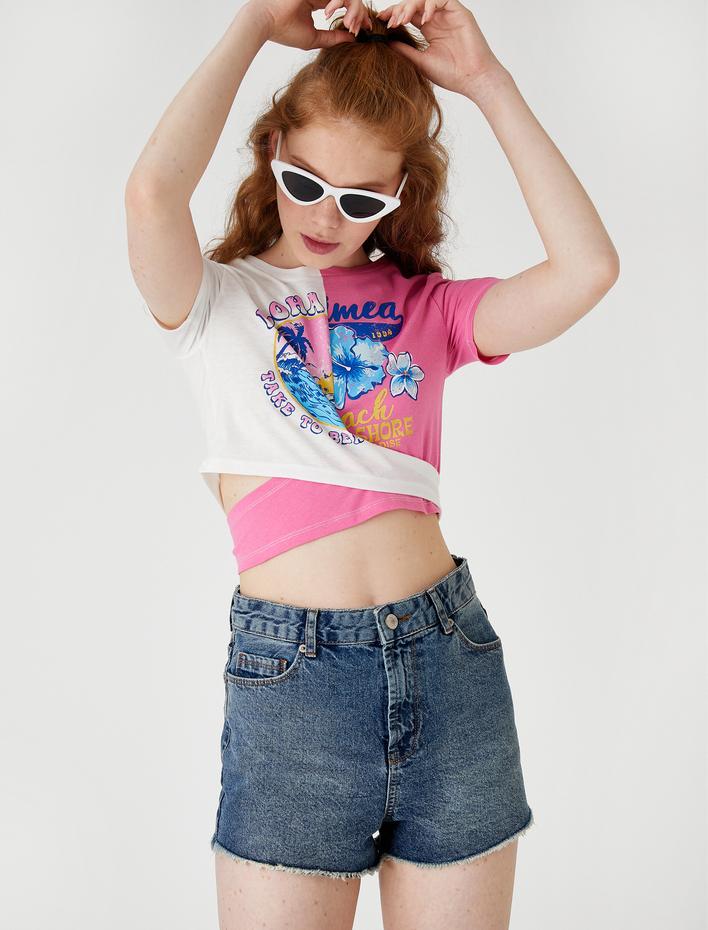  Crop Tişört Baskılı Bisiklet Yaka