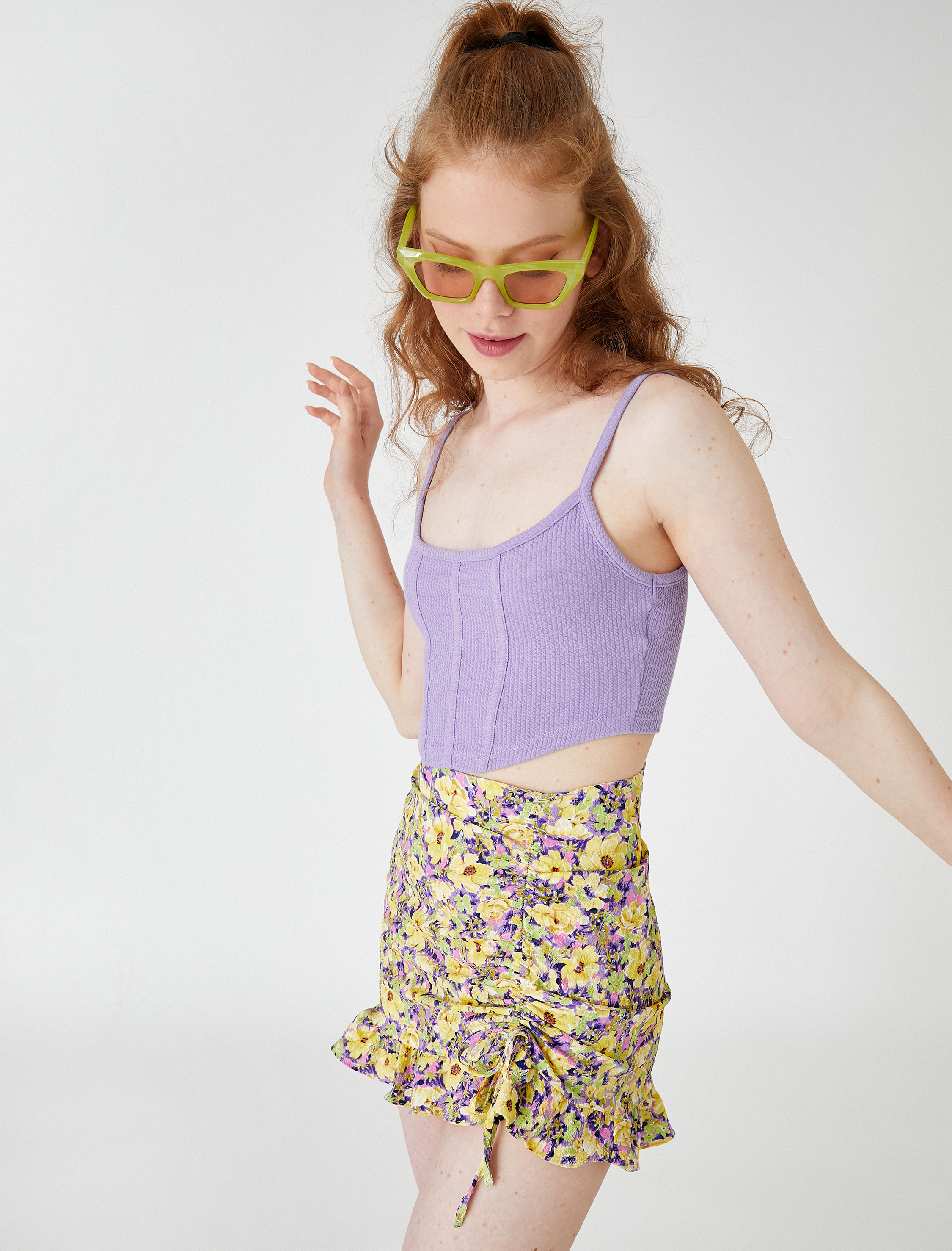   Çiçekli Mini Etek Büzgülü