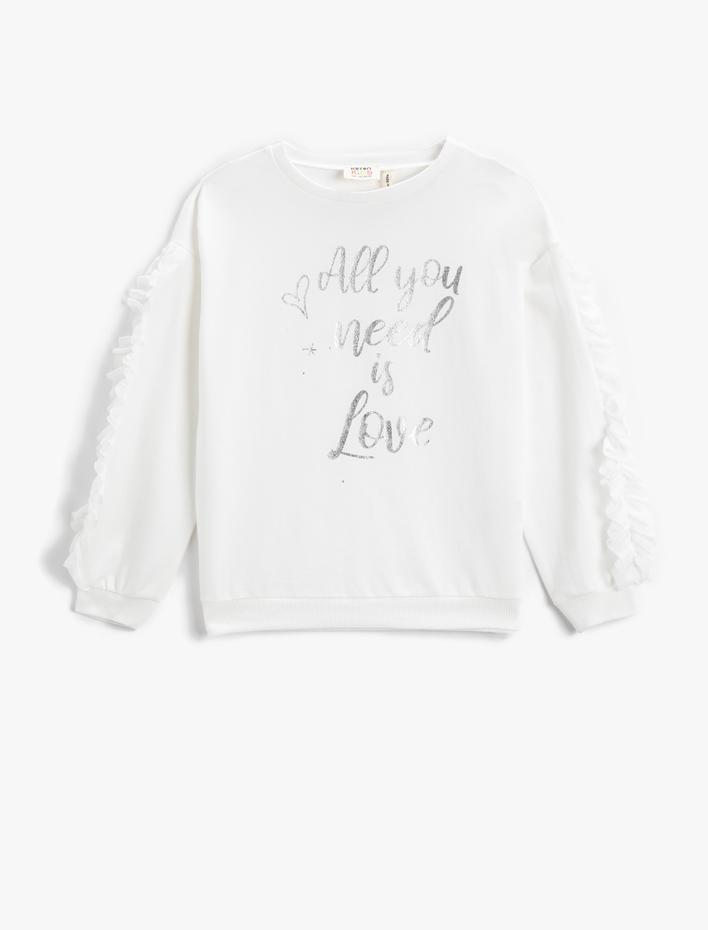 Kız Çocuk Fırfırlı Baskılı Sweatshirt Bisiklet Yaka Pamuklu