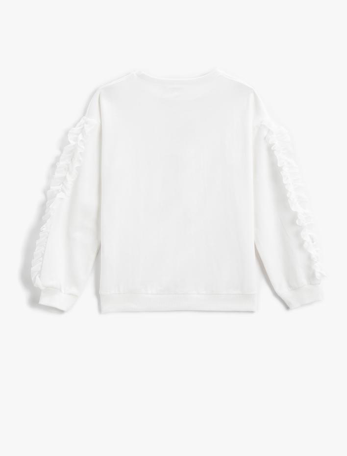 Kız Çocuk Fırfırlı Baskılı Sweatshirt Bisiklet Yaka Pamuklu