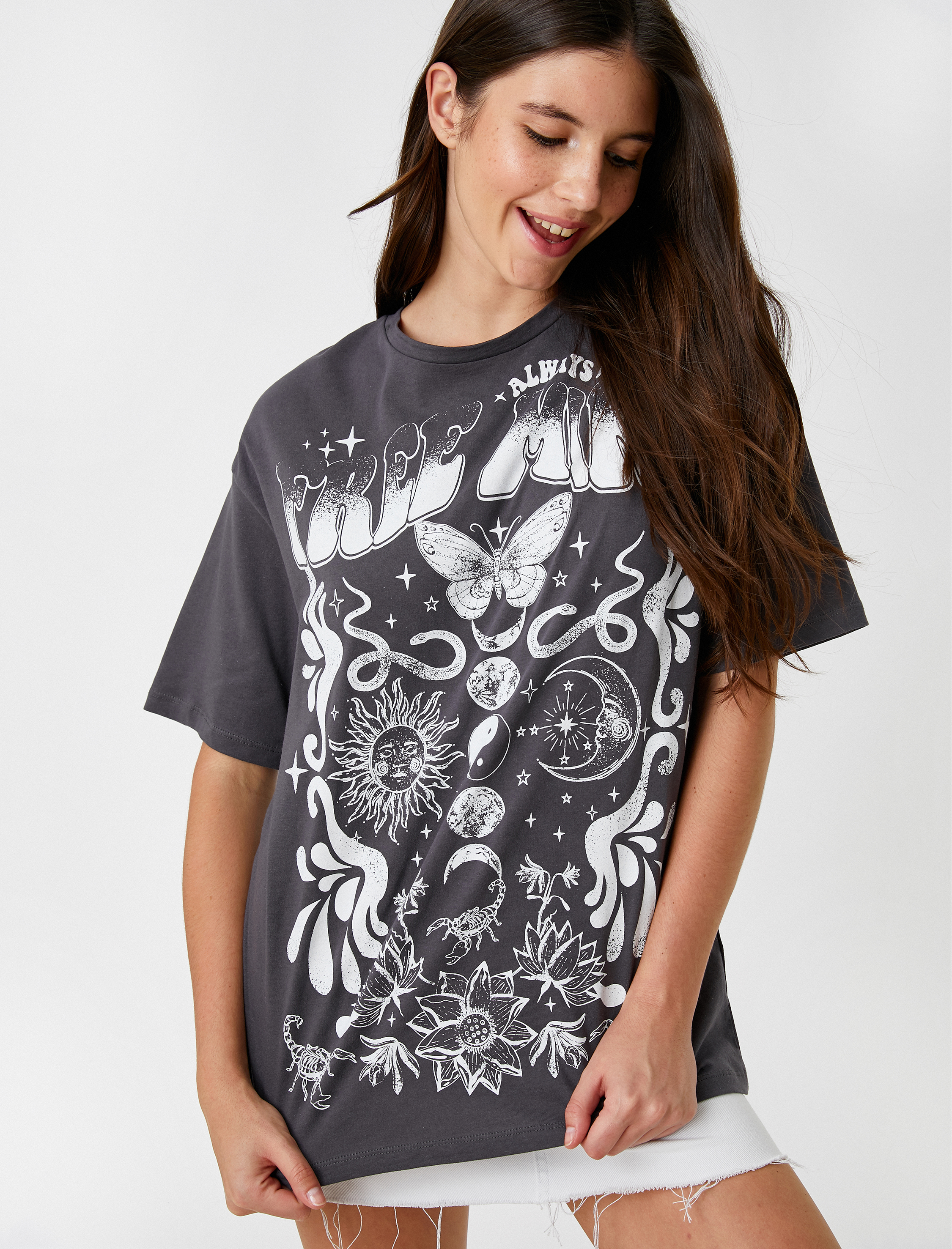   Baskılı Tişört Bisiklet Yaka Kısa Kollu