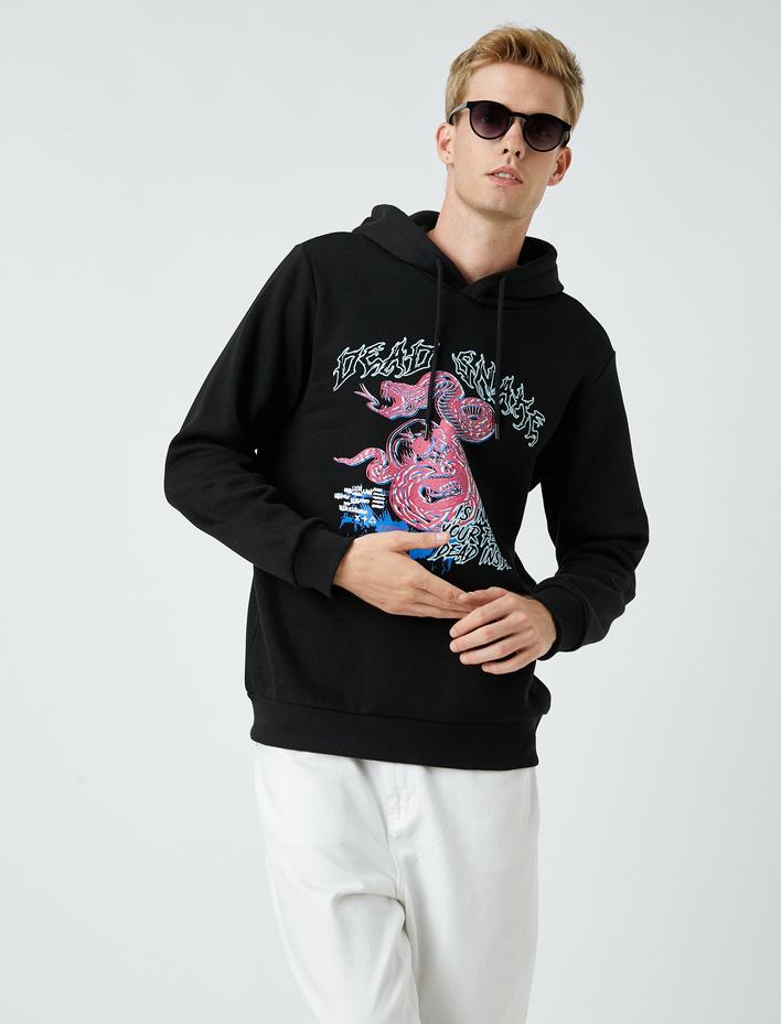  Baskılı Kapşonlu Sweatshirt Şardonlu
