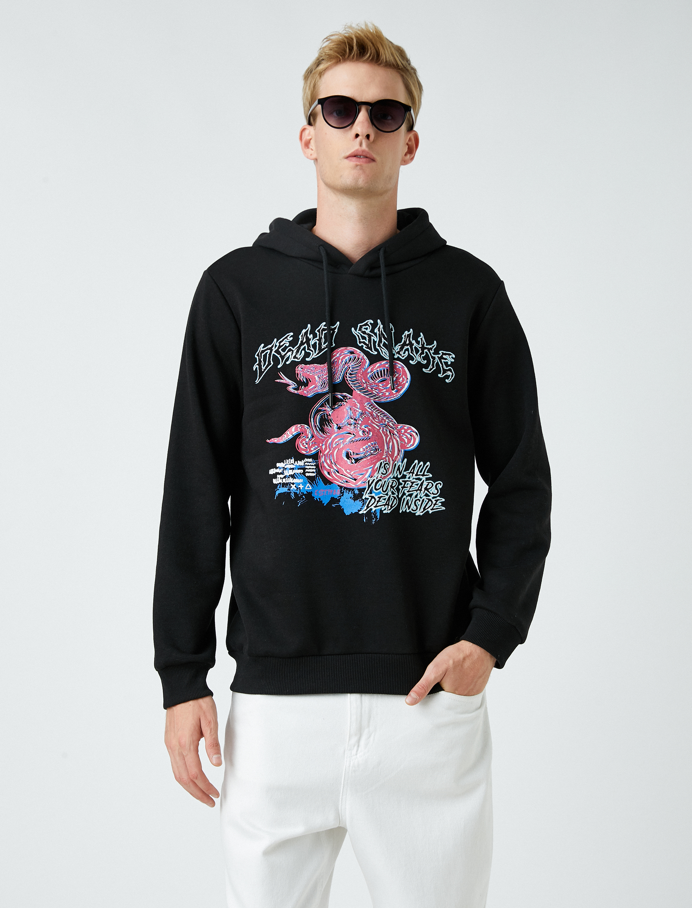 Baskılı Kapşonlu Sweatshirt Şardonlu