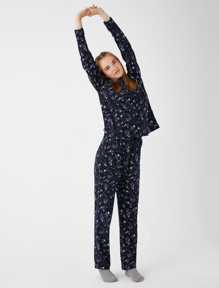  Pamuklu Baskılı Pijama Takımı Yumuşak Dokulu