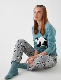 Pamuklu Polar Pijama Takımı İşlemeli