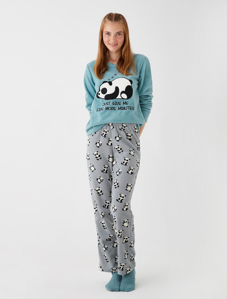   Pamuklu Polar Pijama Takımı İşlemeli