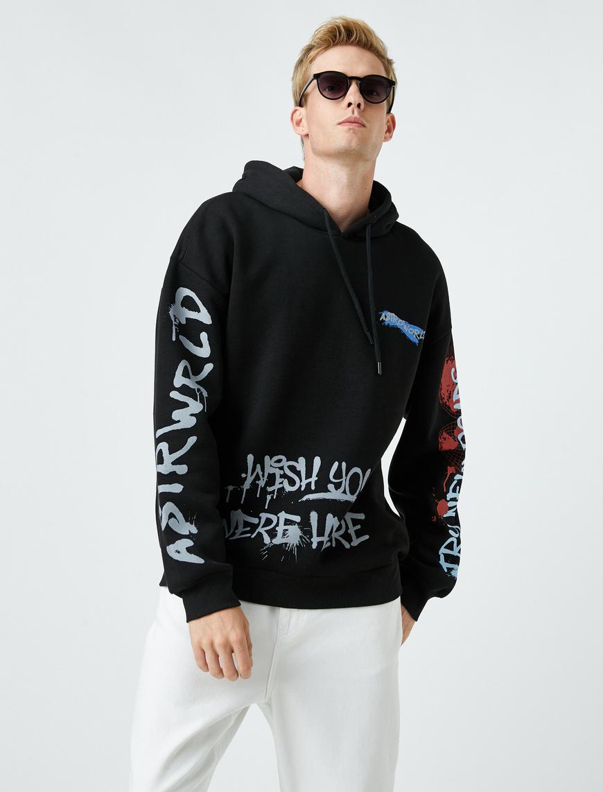   Baskılı Kapşonlu Oversize Sweatshirt Şardonlu