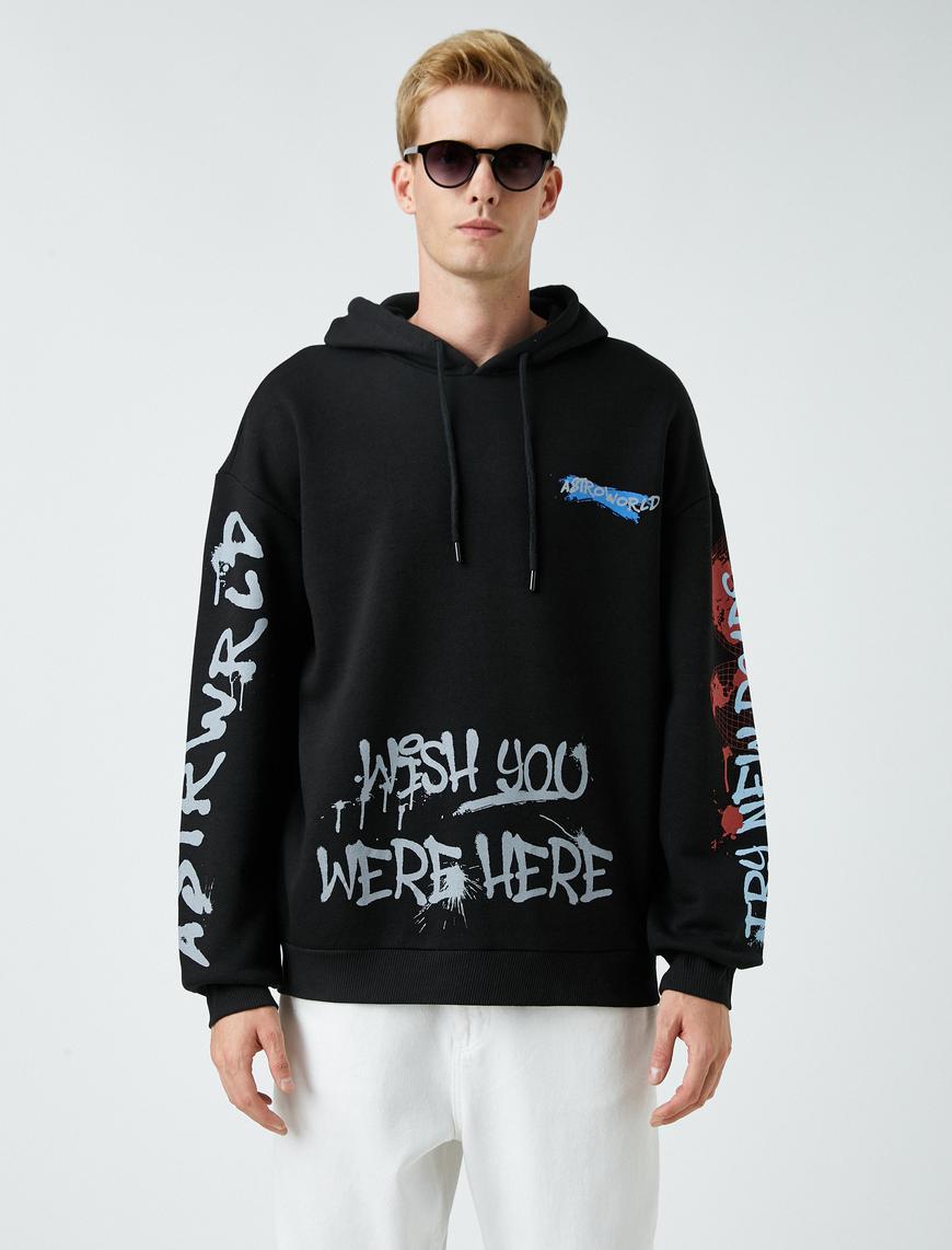   Baskılı Kapşonlu Oversize Sweatshirt Şardonlu