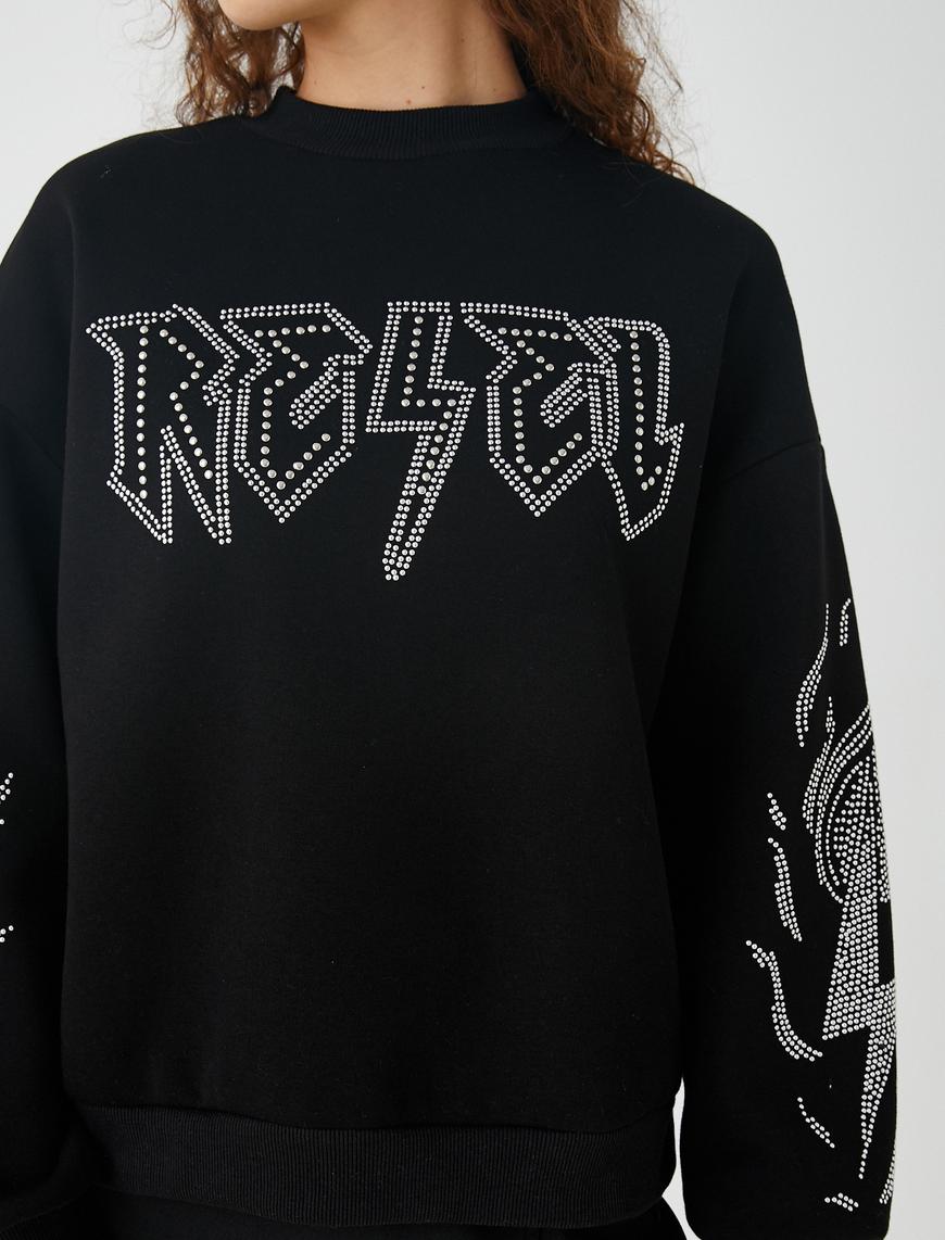   Bisiklet Yaka Sweatshirt Oversize Baskılı İçi Polarlı