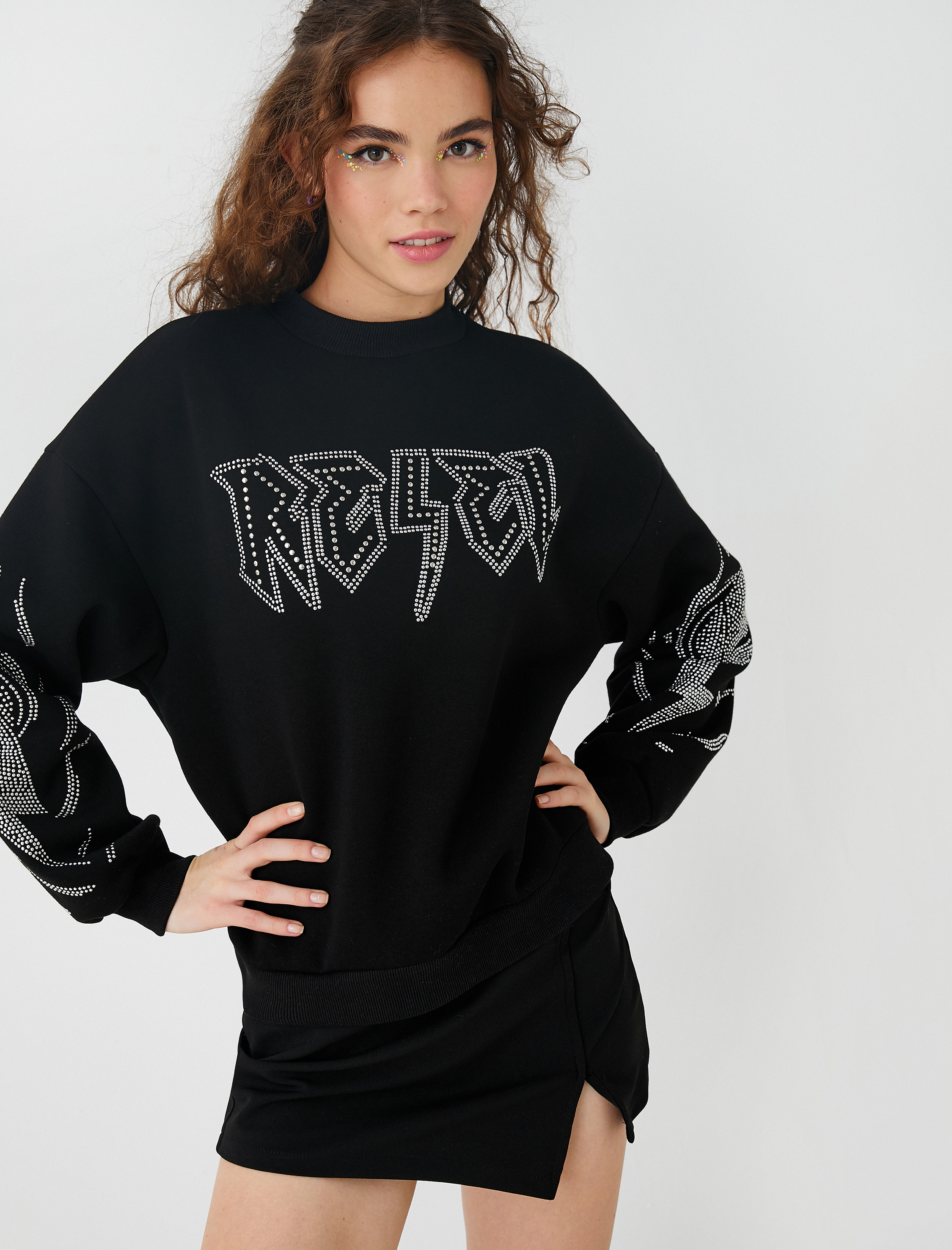   Bisiklet Yaka Sweatshirt Oversize Baskılı İçi Polarlı