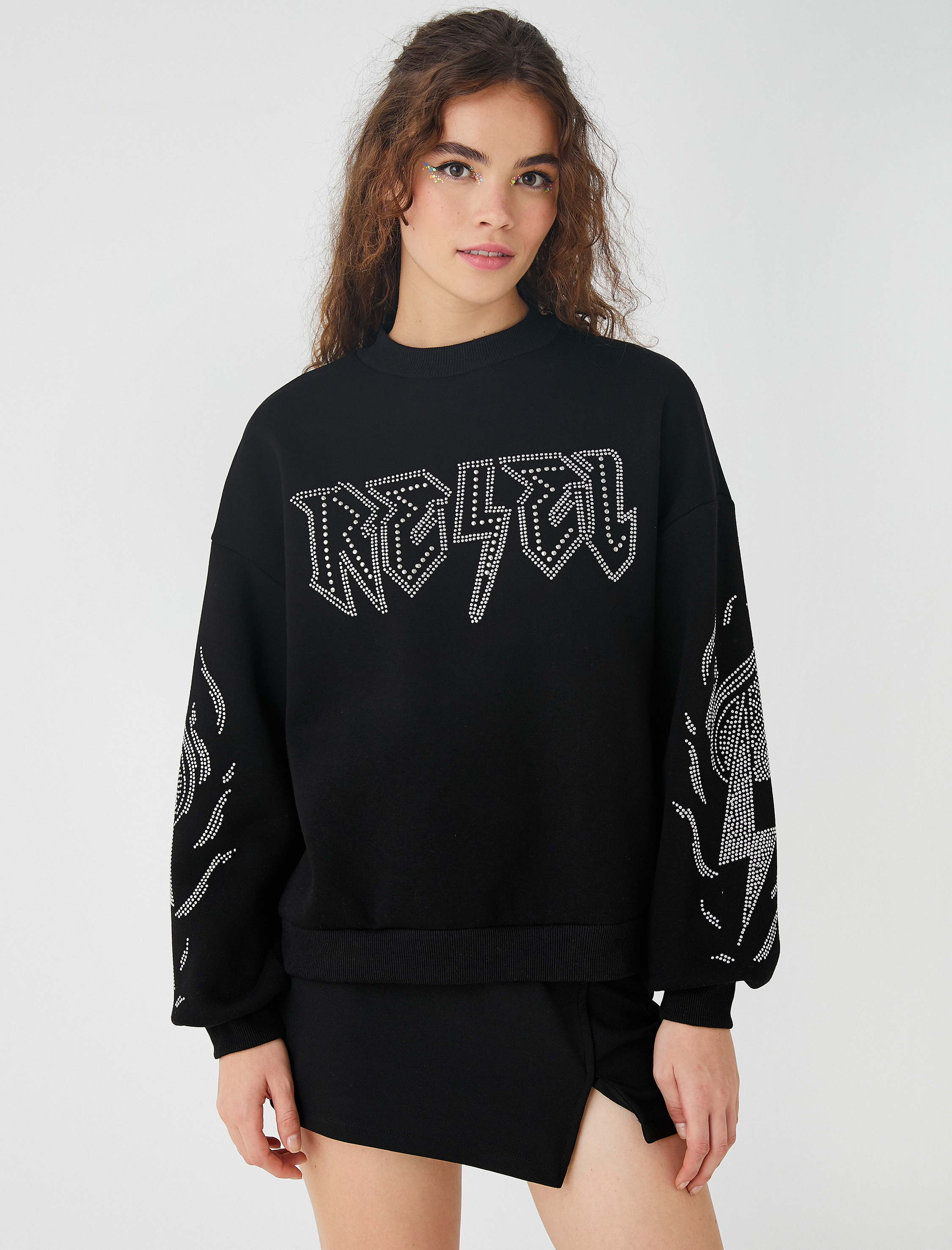   Bisiklet Yaka Sweatshirt Oversize Baskılı İçi Polarlı