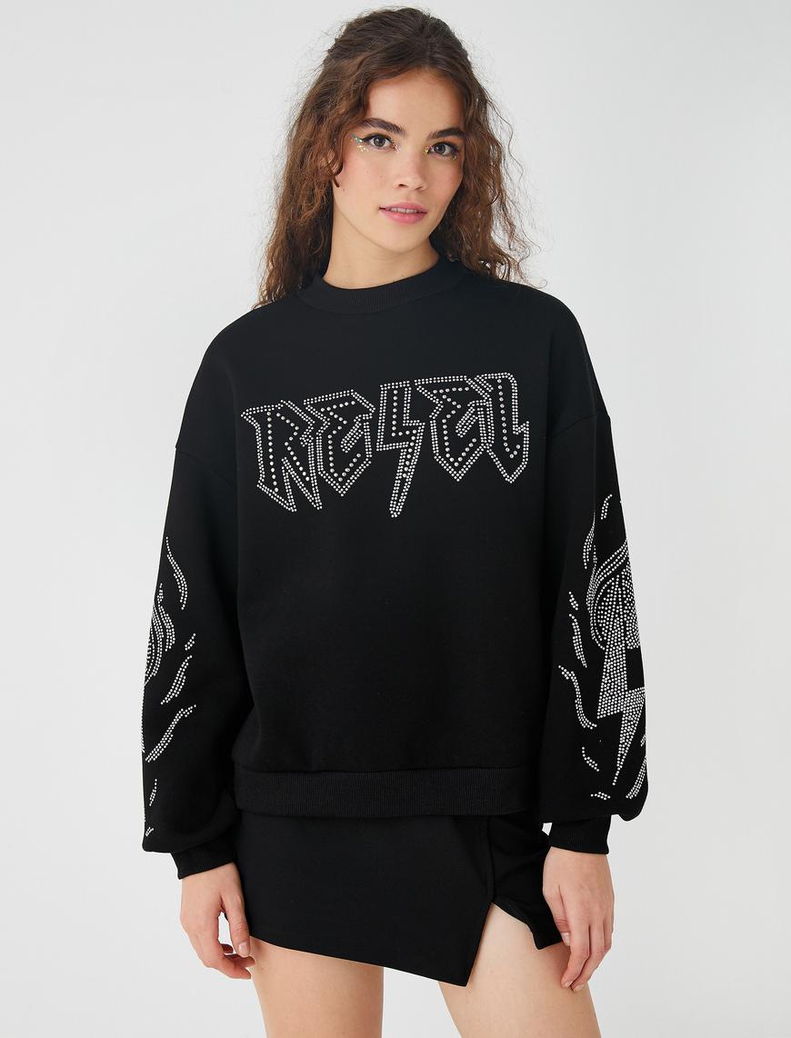   Bisiklet Yaka Sweatshirt Oversize Baskılı İçi Polarlı