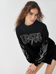 Bisiklet Yaka Sweatshirt Oversize Baskılı İçi Polarlı