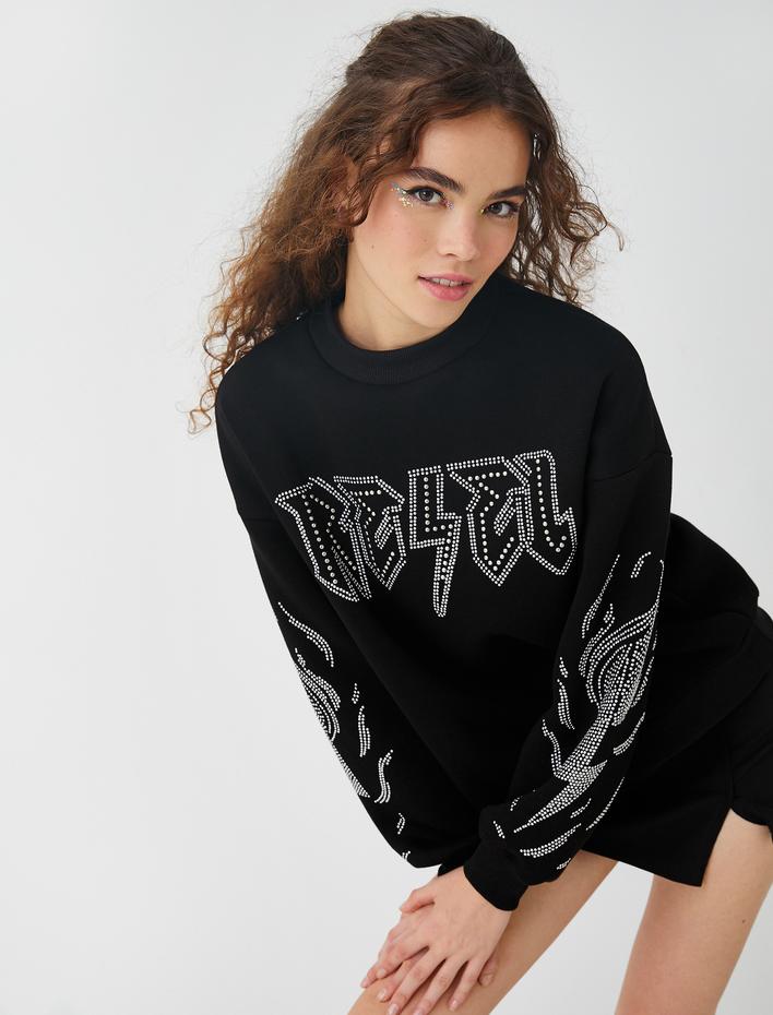  Bisiklet Yaka Sweatshirt Oversize Baskılı İçi Polarlı