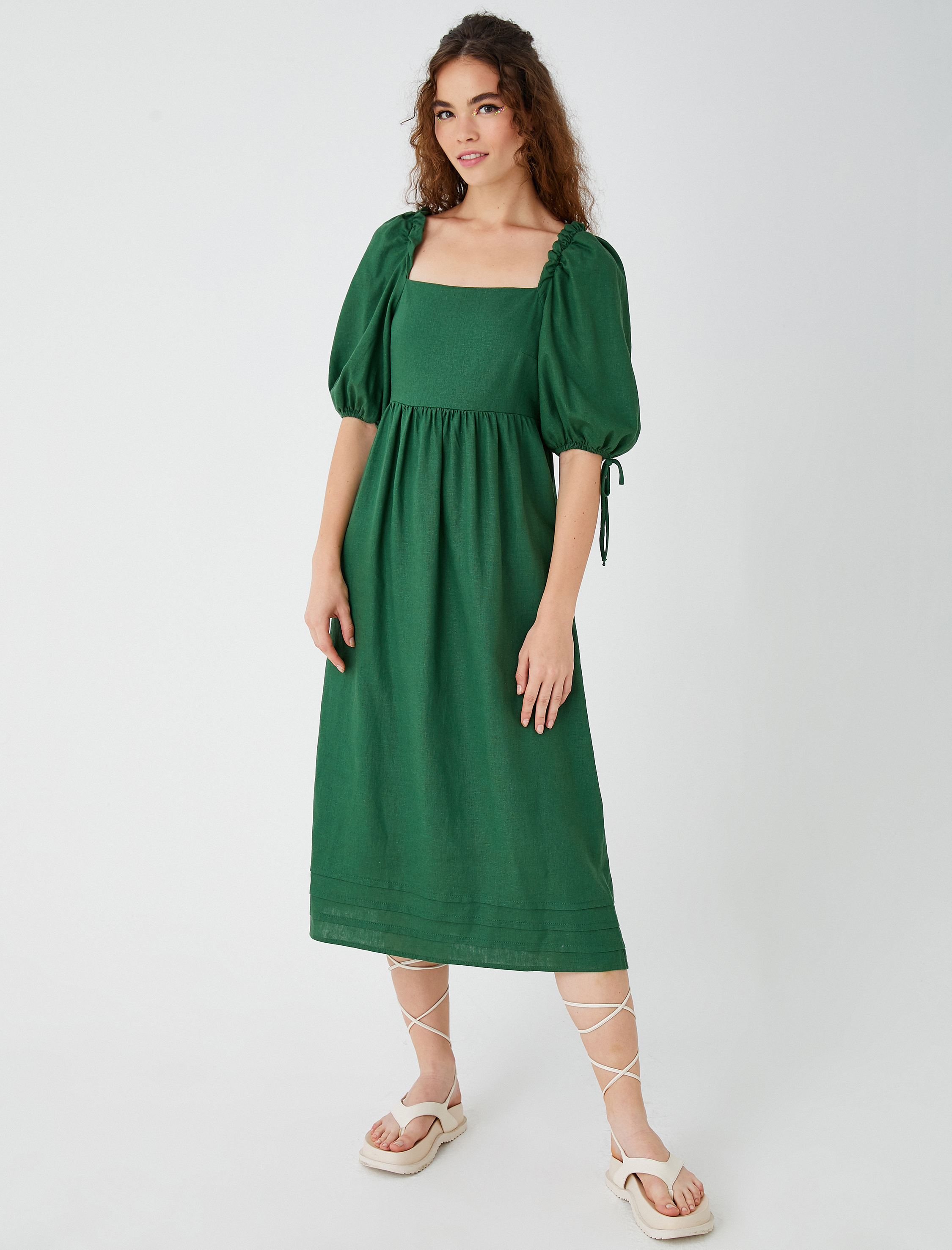   Midi Elbise Balon Kollu Kare Yaka Keten Karışımlı