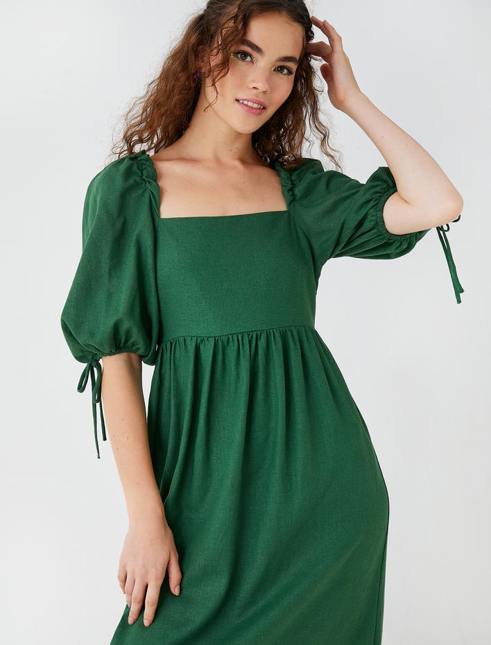  Midi Elbise Balon Kollu Kare Yaka Keten Karışımlı