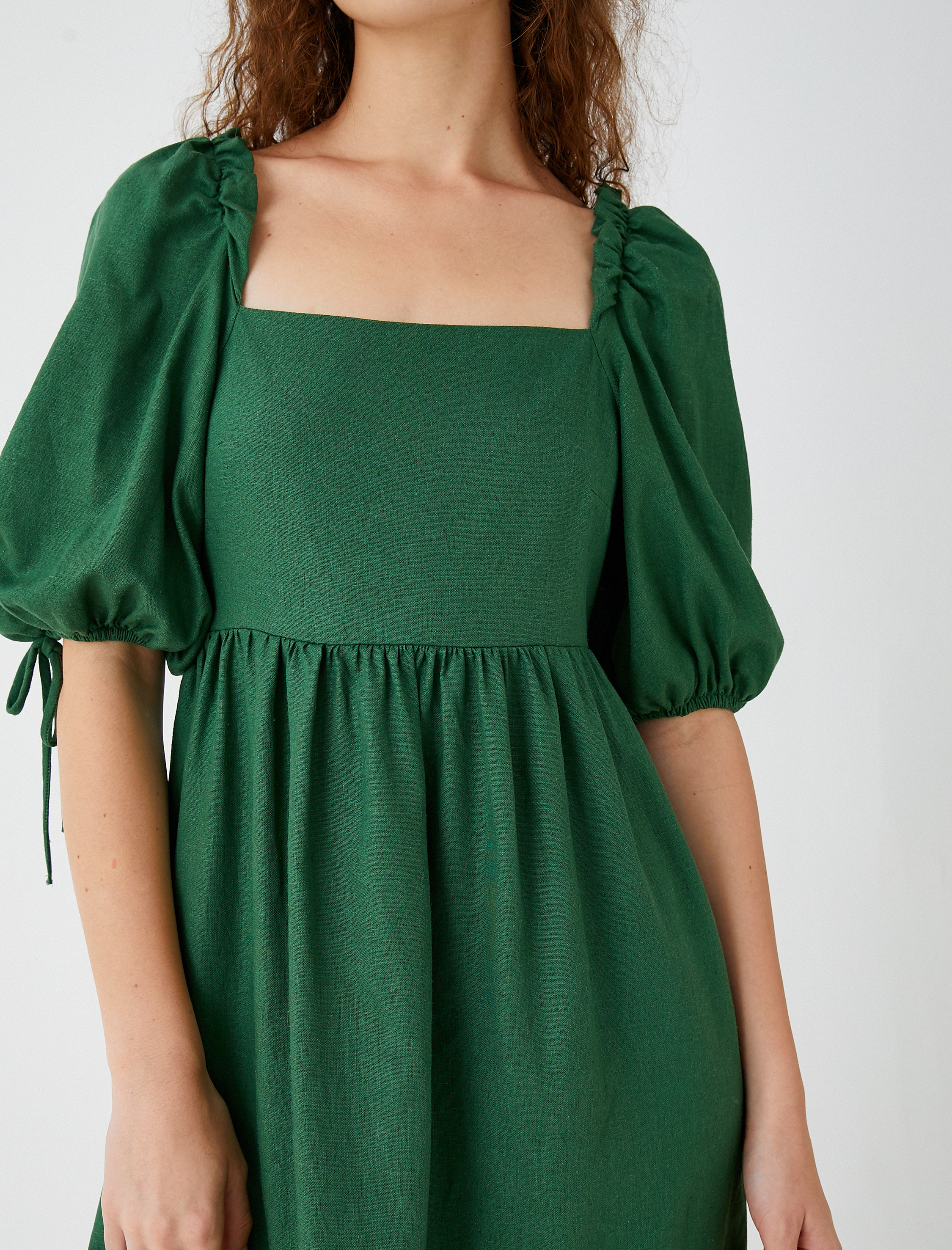   Midi Elbise Balon Kollu Kare Yaka Keten Karışımlı