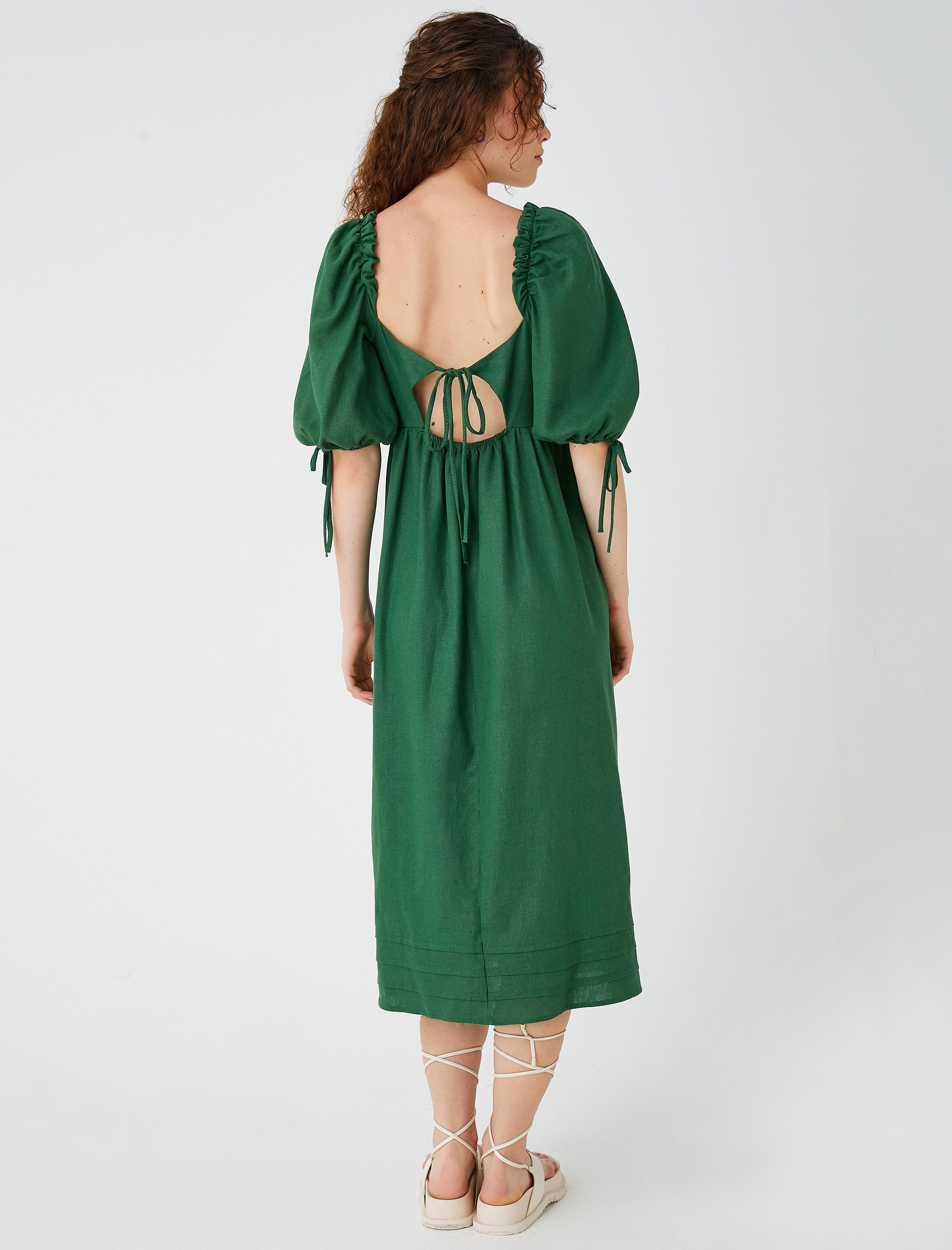   Midi Elbise Balon Kollu Kare Yaka Keten Karışımlı