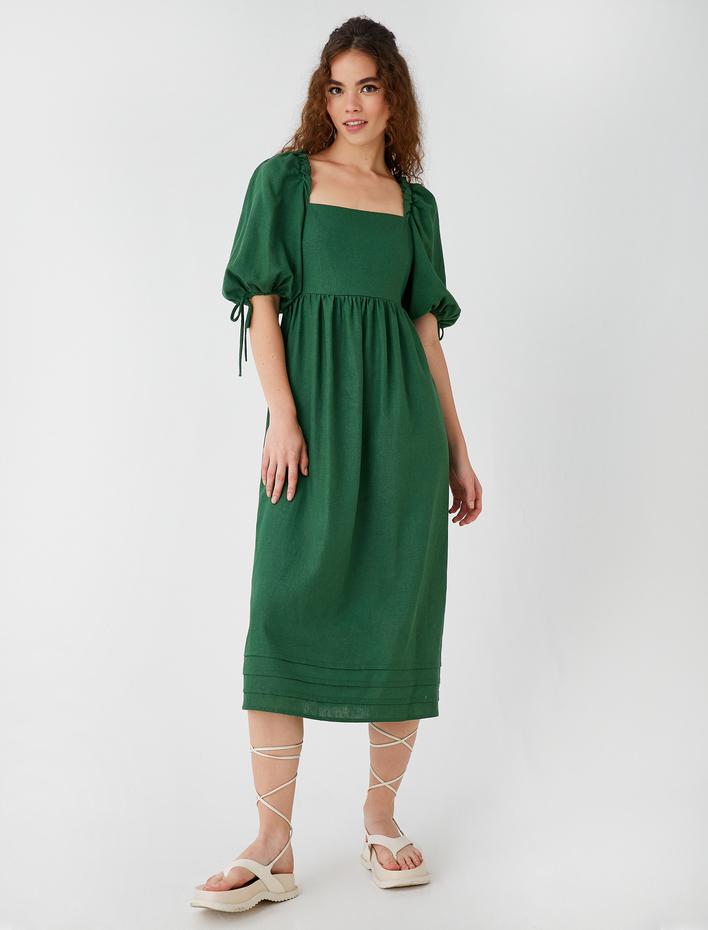  Midi Elbise Balon Kollu Kare Yaka Keten Karışımlı