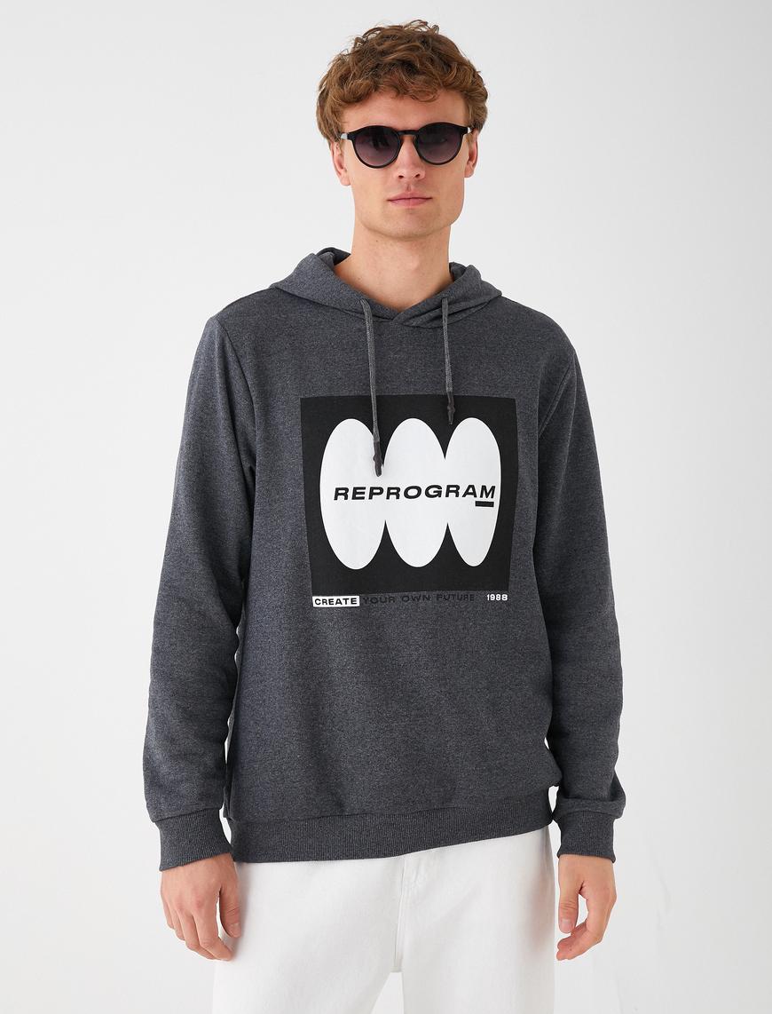   Baskılı Kapşonlu Sweatshirt Şardonlu