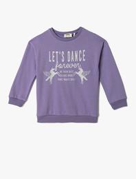 Işıltılı Baskılı Sweatshirt Bisiklet Yaka