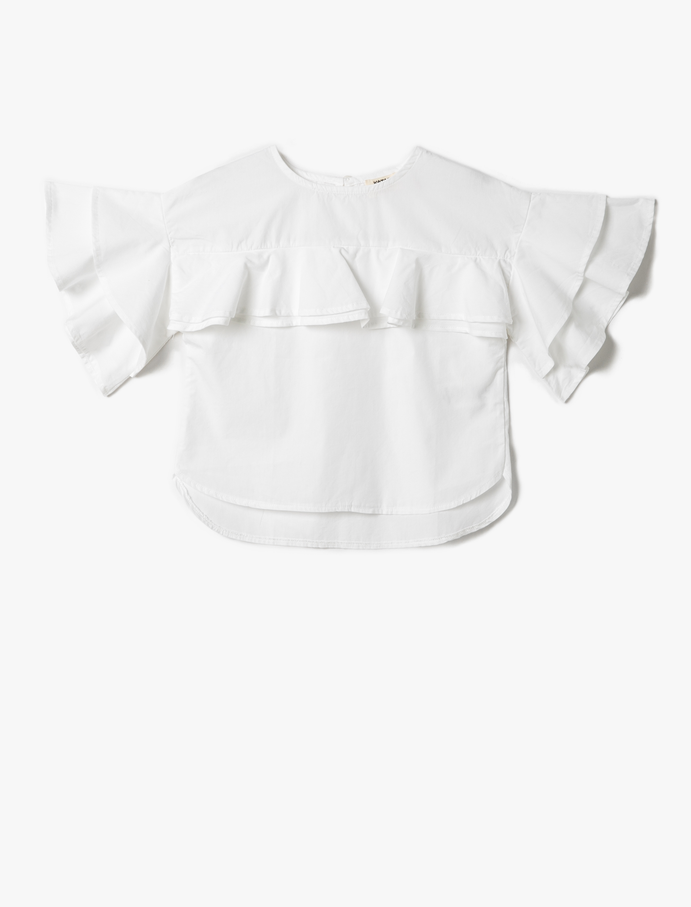  Kız Çocuk Fırfırlı Bluz Dökümlü Kısa Kollu Yuvarlak Yaka Pamuklu