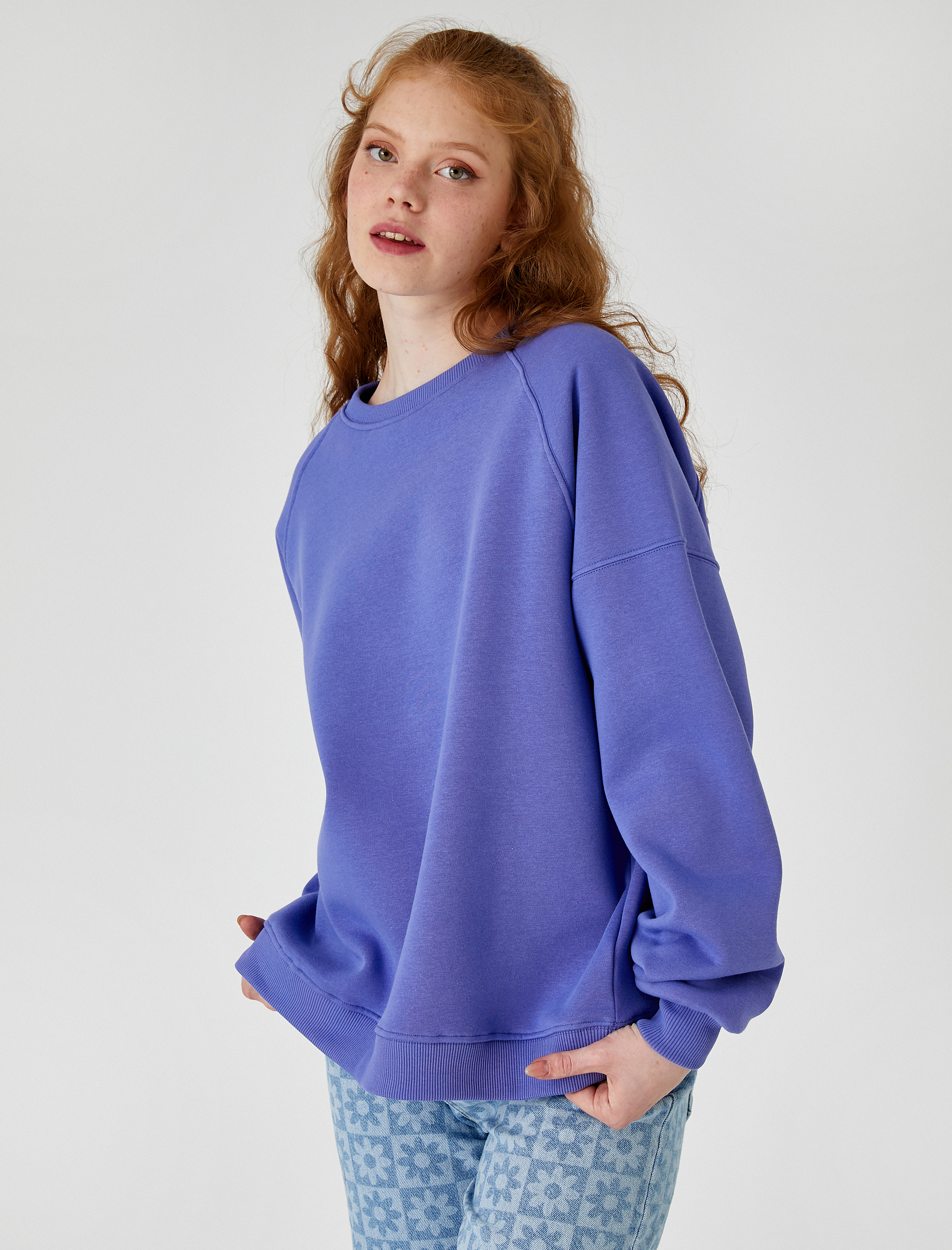   Oversize Bisiklet Yaka Sweatshirt İçi Polarlı