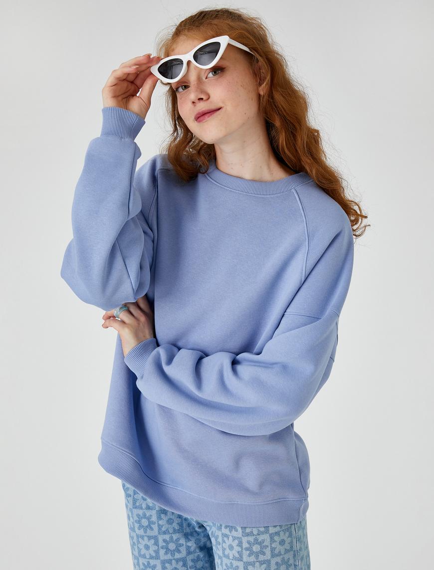   Oversize Bisiklet Yaka Sweatshirt İçi Polarlı