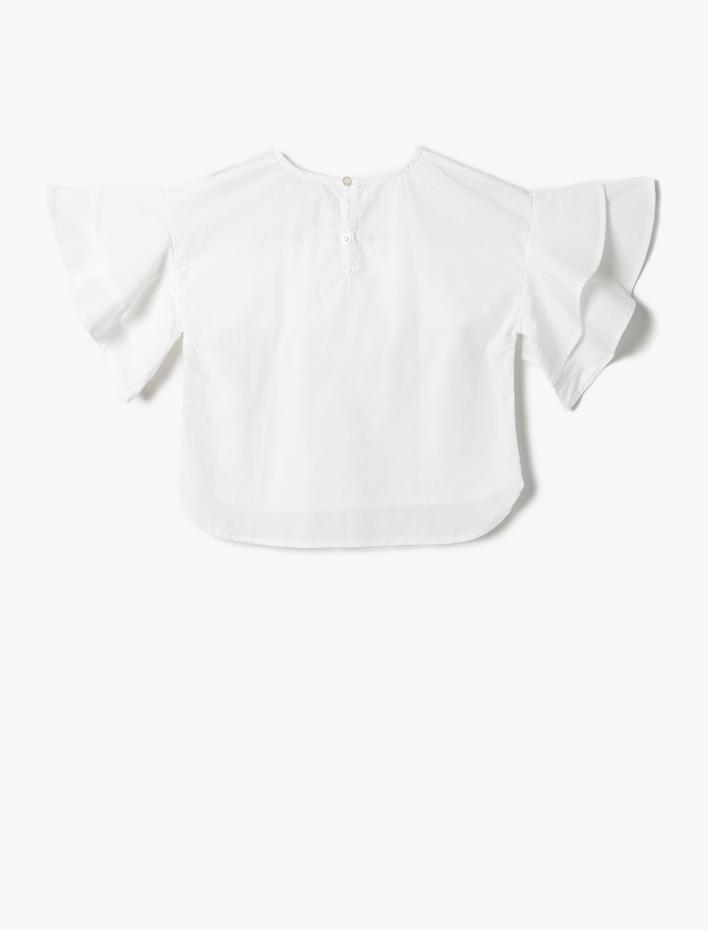 Kız Çocuk Fırfırlı Bluz Dökümlü Kısa Kollu Yuvarlak Yaka Pamuklu