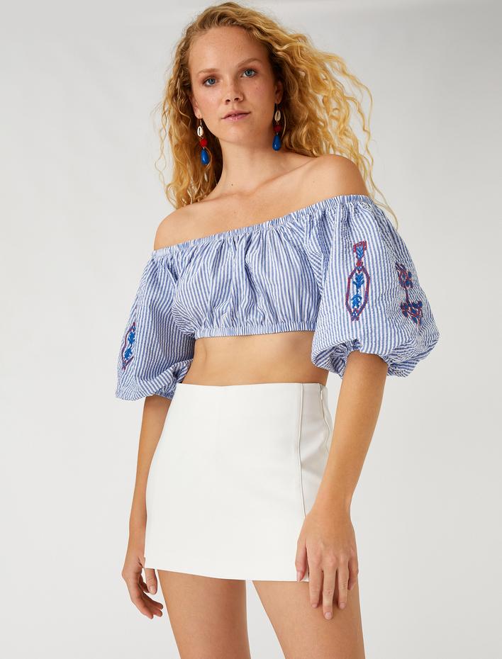  Nakışlı Crop Bluz Omzu Açık