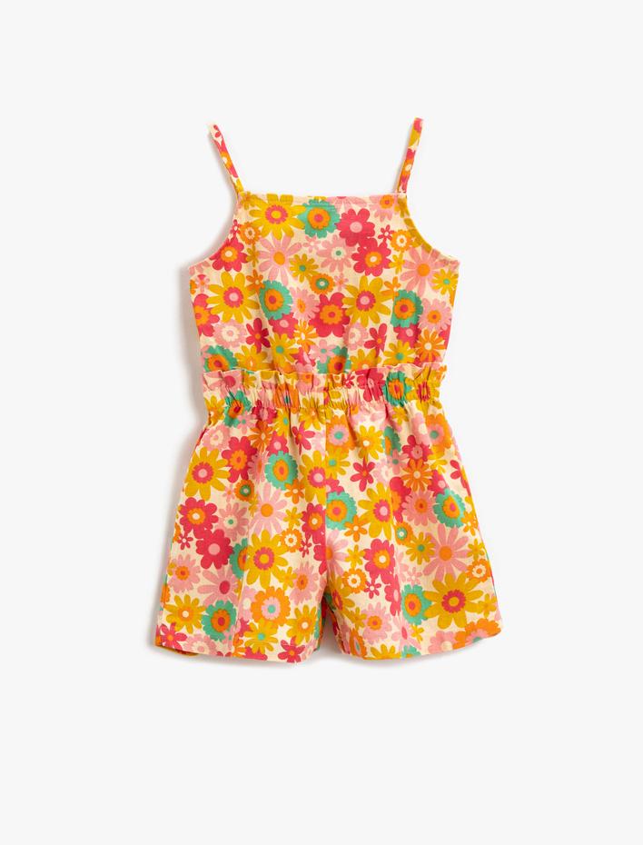 Kız Çocuk Keten Karışımlı Şort Tulum Çiçekli