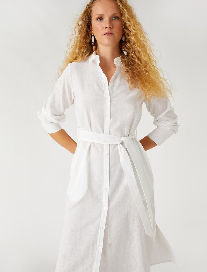  Midi Boy Gömlek Elbise Keten Karışımlı