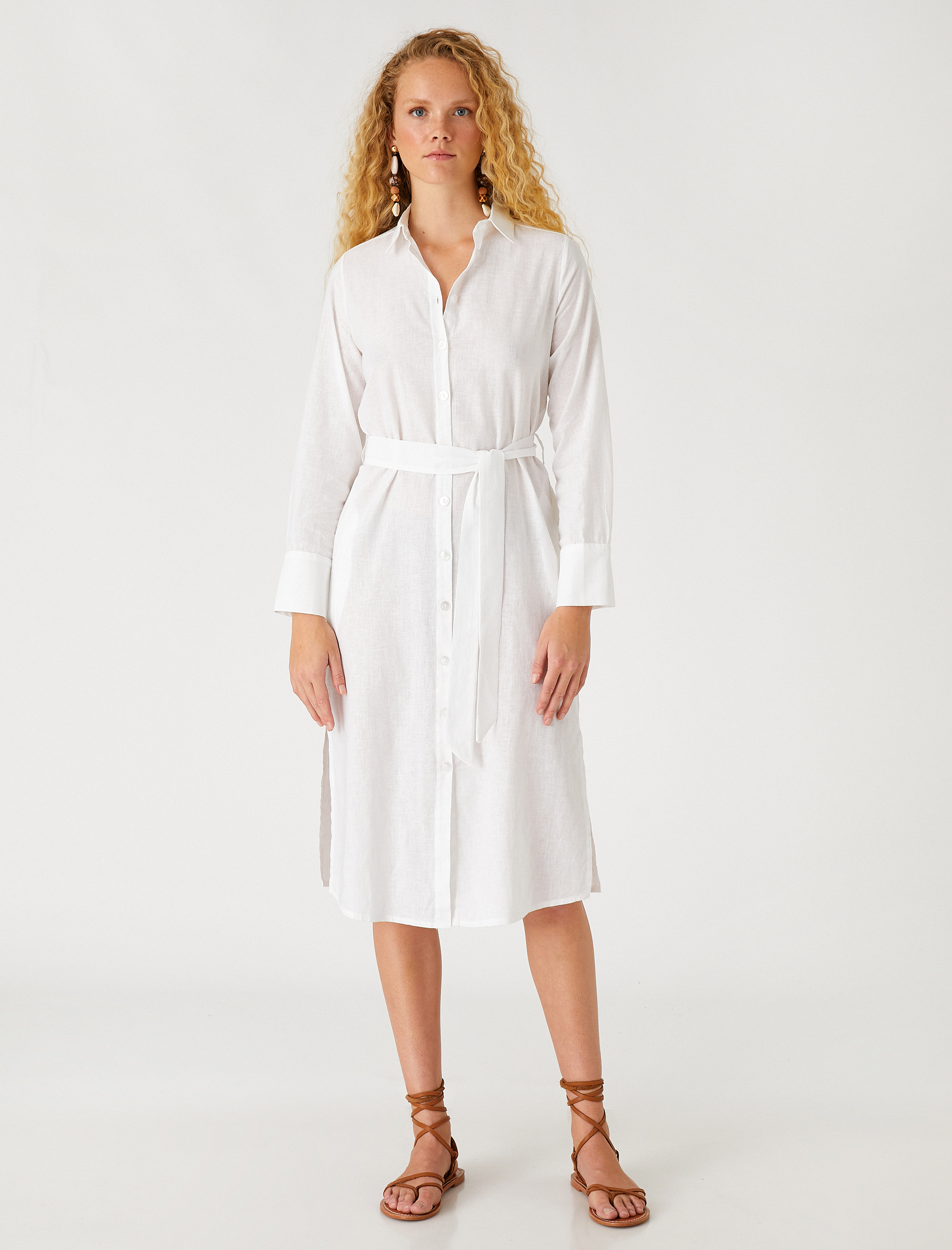   Midi Boy Gömlek Elbise Keten Karışımlı