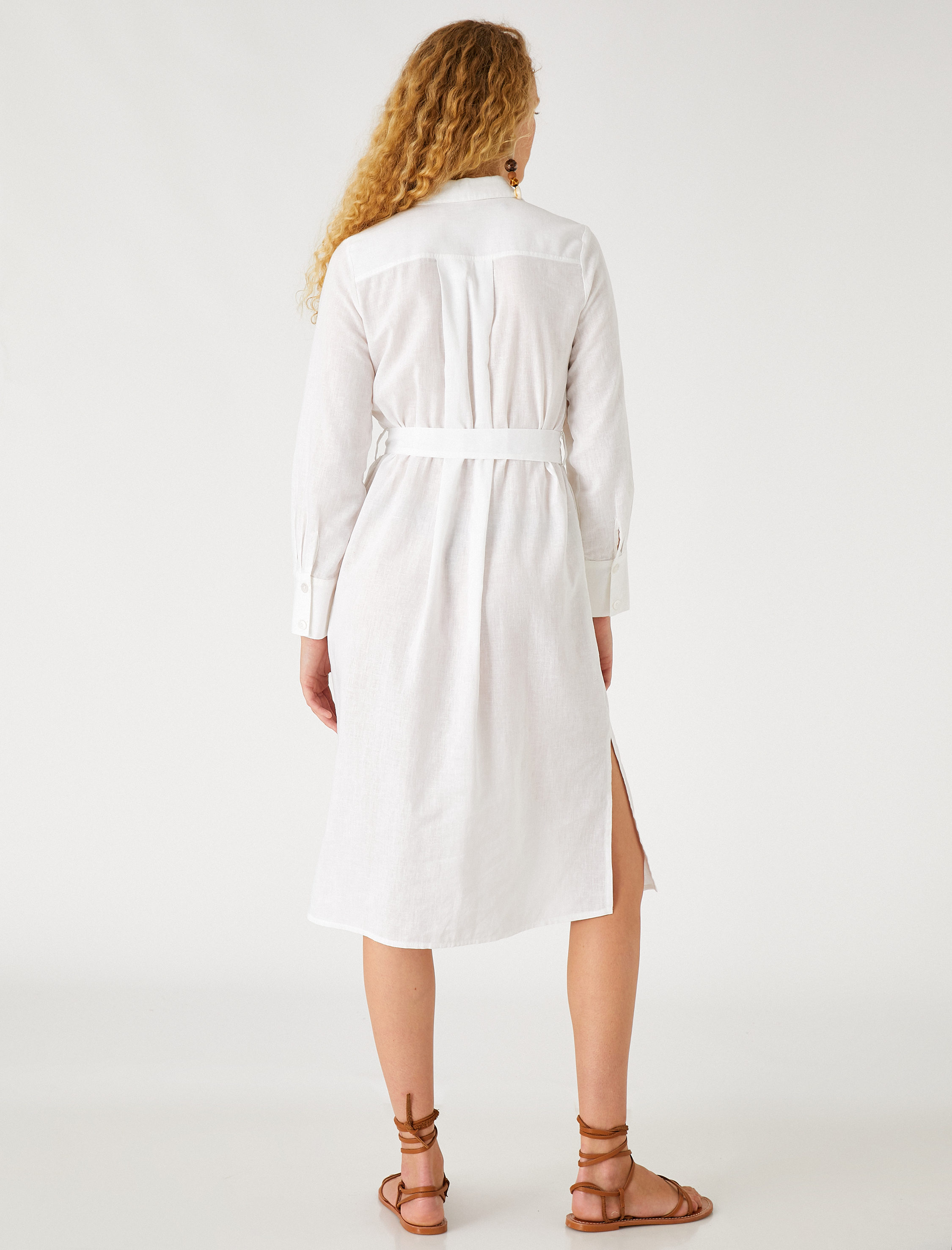   Midi Boy Gömlek Elbise Keten Karışımlı