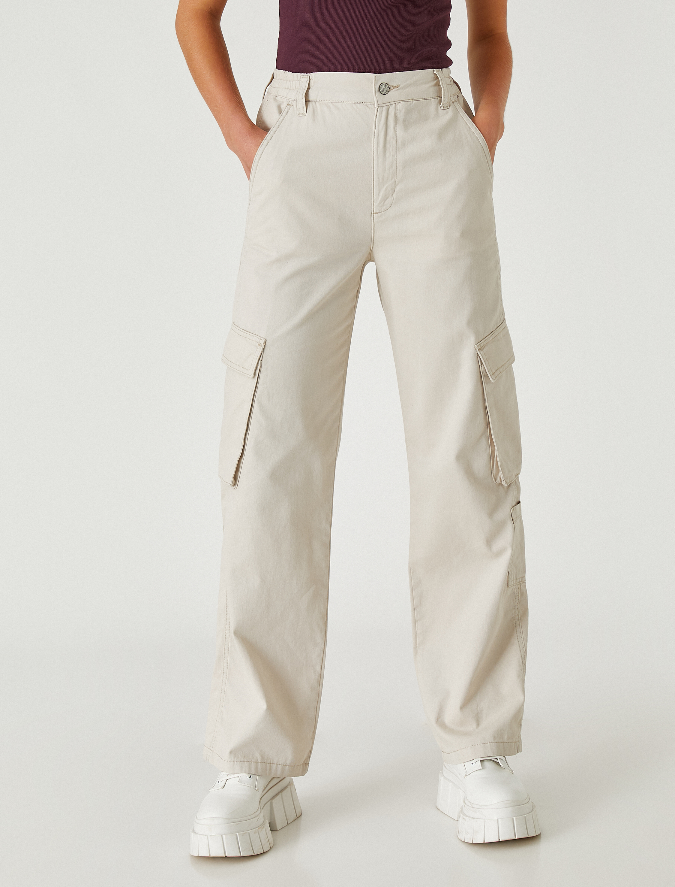   Kargo Kot Pantolon Normal Kesim Yüksek Bel Düz Paça